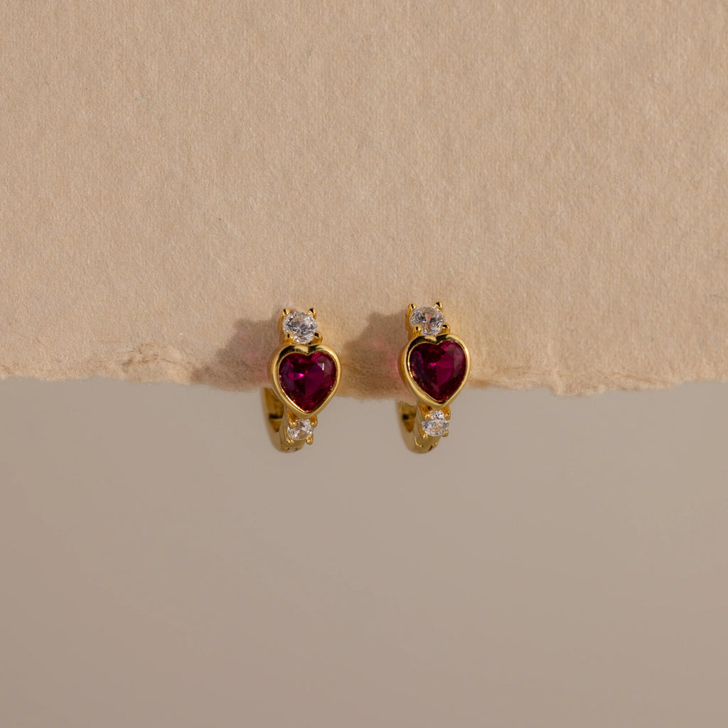 Diamond Ruby Heart Hoops Silver 18K Gold Plated