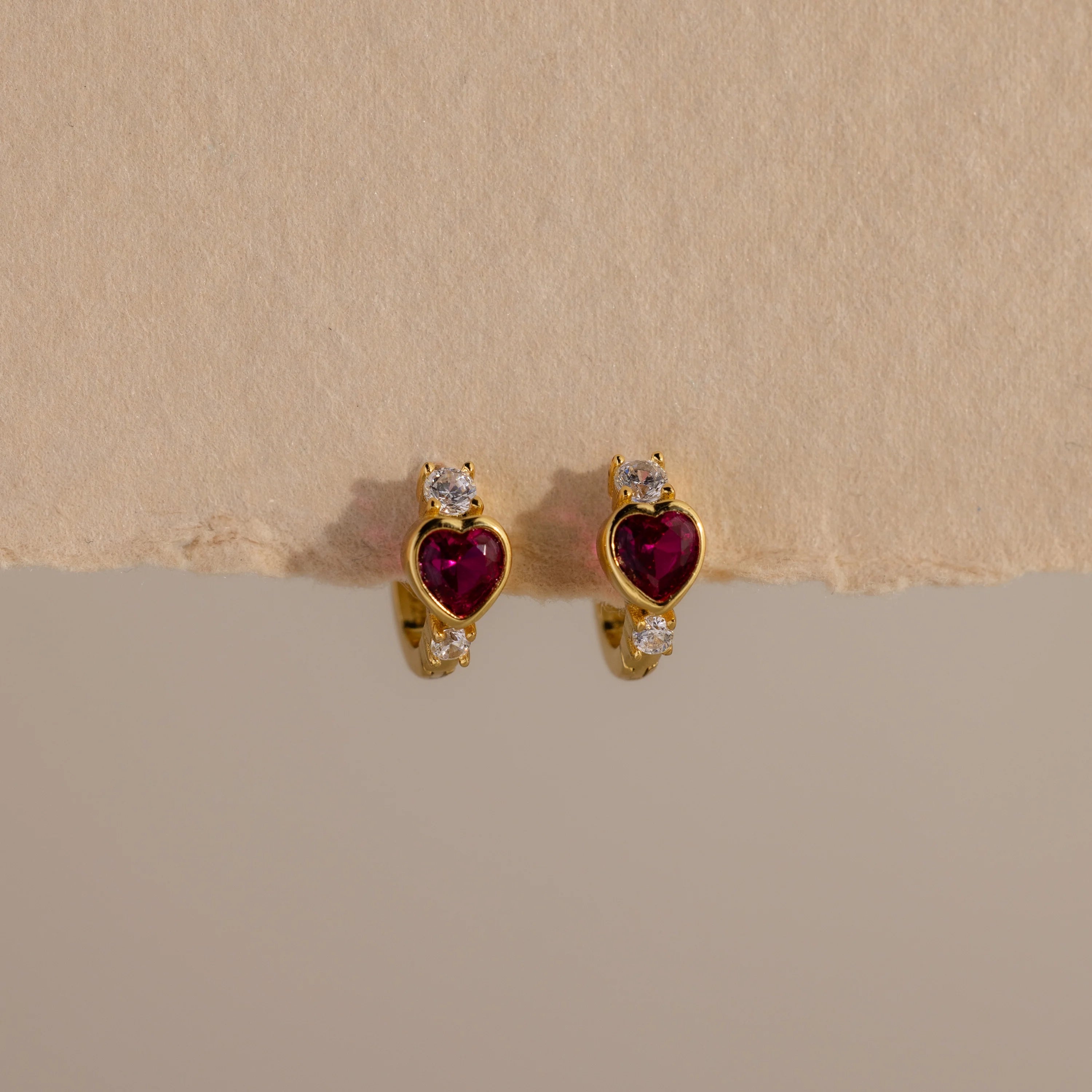 Diamond Ruby Heart Hoops Silver 18K Gold Plated