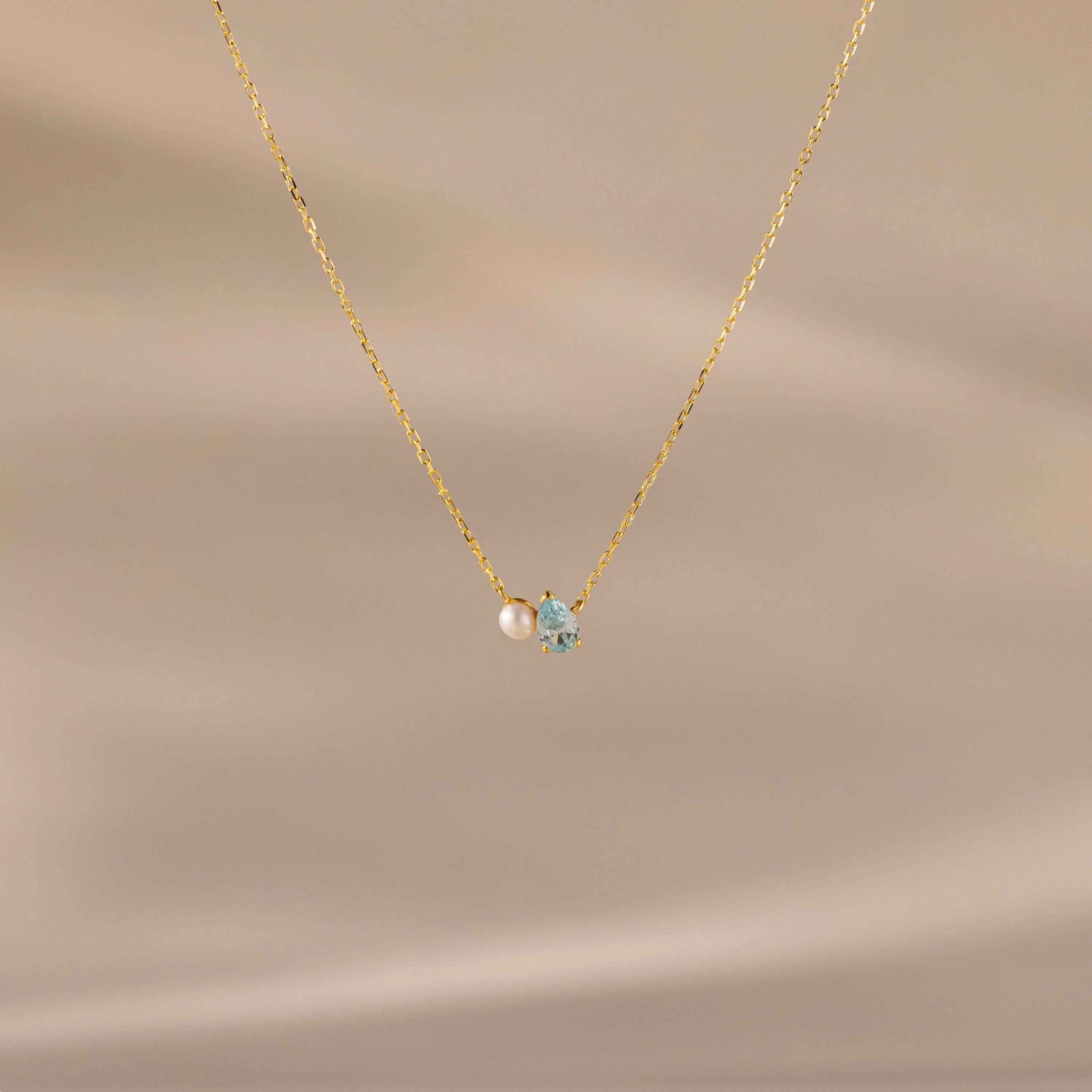 Teardrop Birthstone & Pearl Necklace Silver 18K Gold Plated