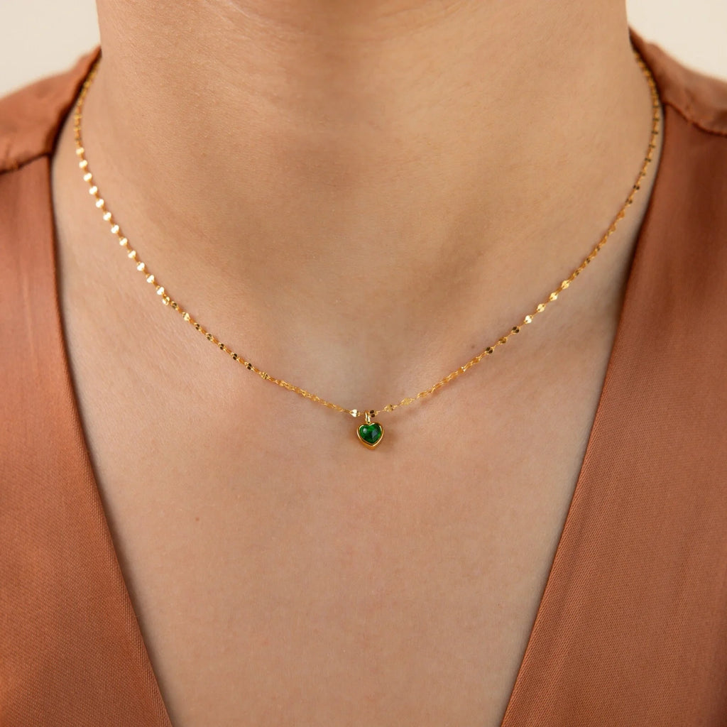 Tiny Jade Heart Necklace Silver 18K Gold Plated