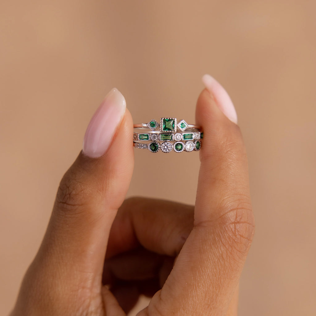 Emerald Stacking Ring Set Silver 18K Gold Plated