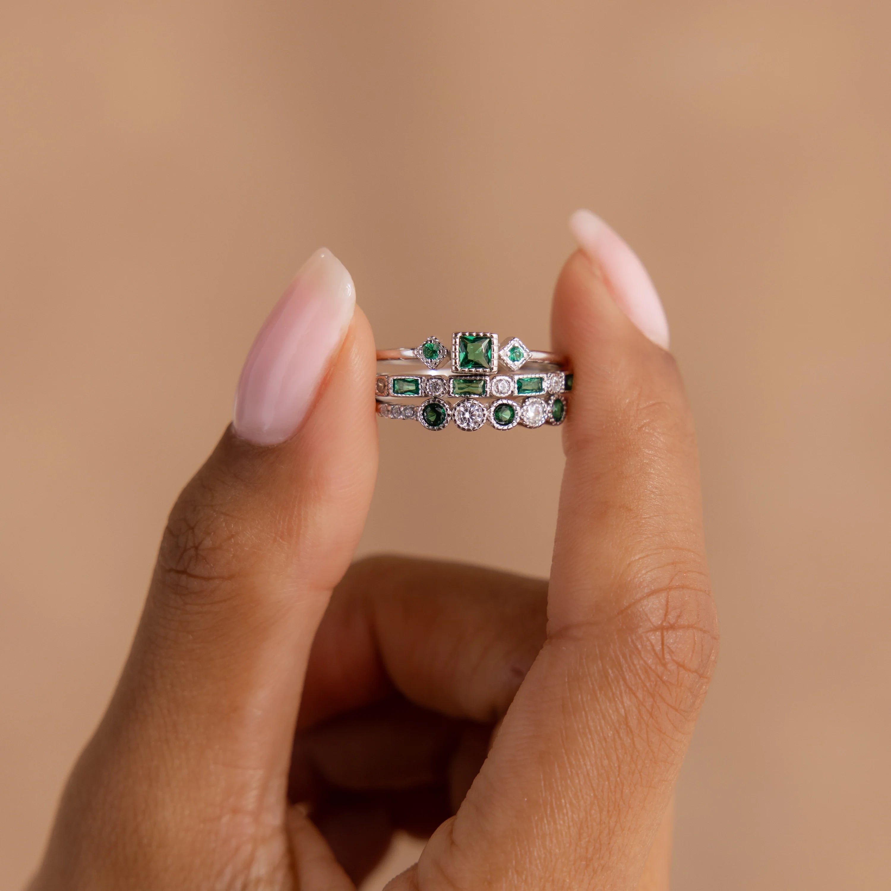 Emerald Stacking Ring Set Silver 18K Gold Plated