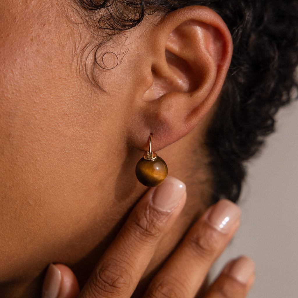 Tiger's Eye Dome Drop Earrings Silver 18K Gold Plated