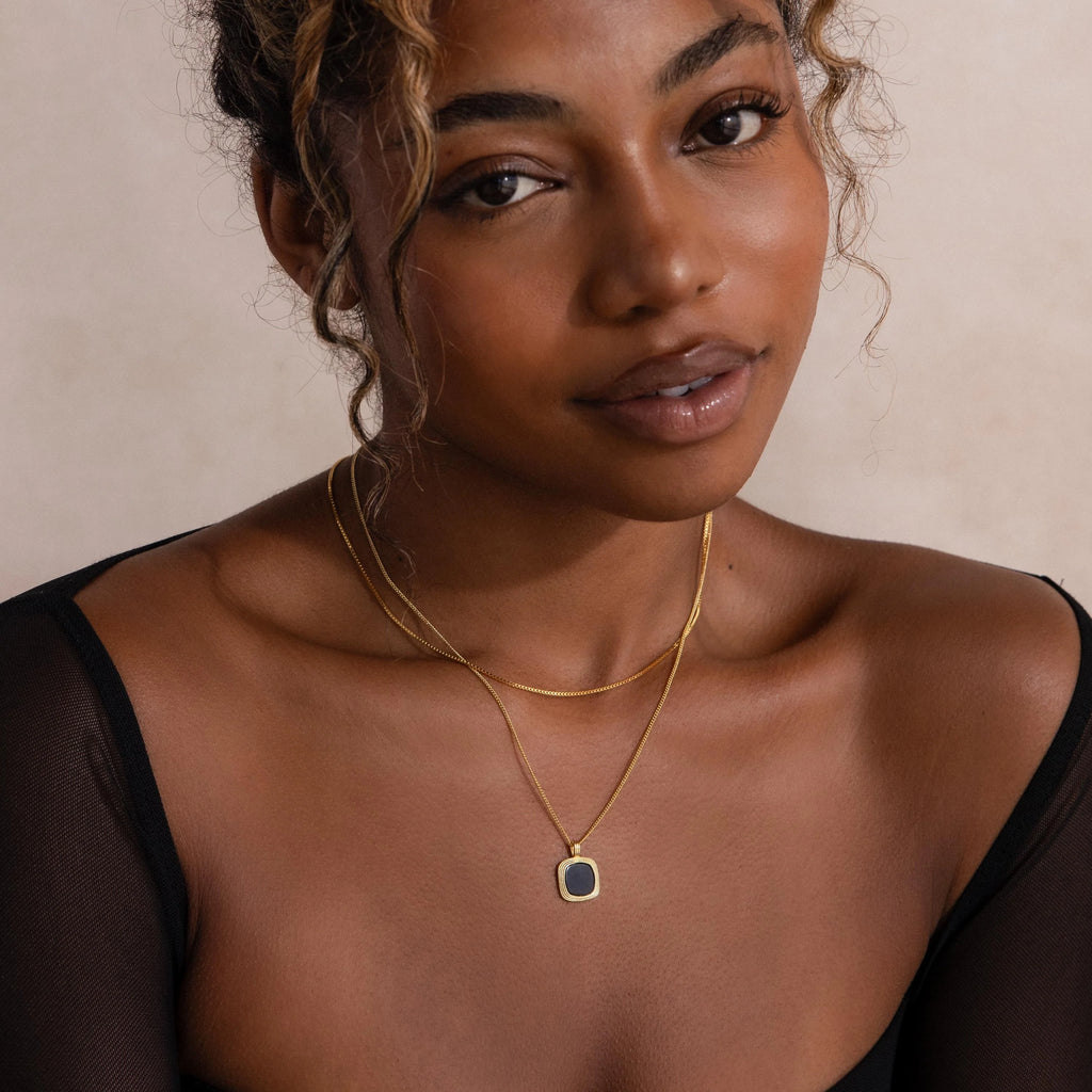 Square Onyx Necklace Silver 18K Gold Plated