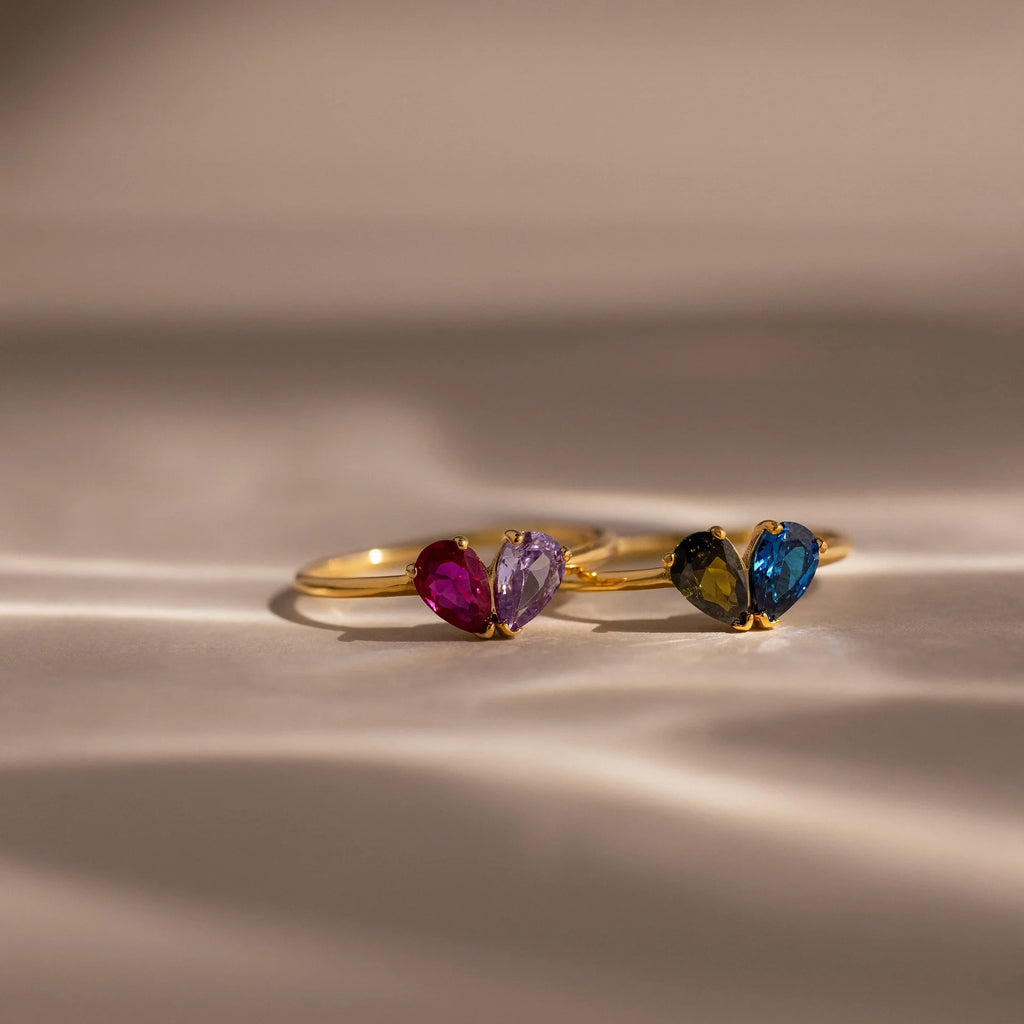 Toi et Moi Teardrop Heart Ring Silver 18K Gold Plated