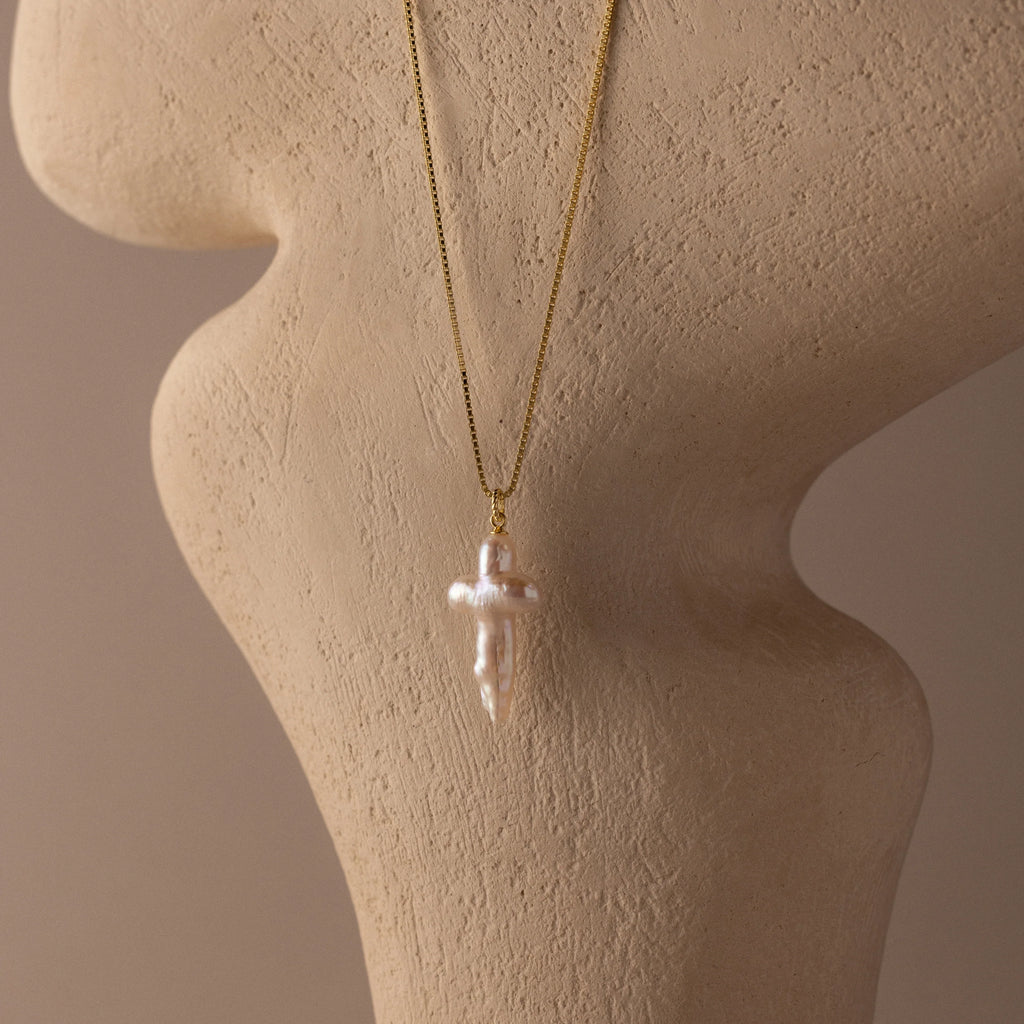 Baroque Pearl Cross Necklace Silver 18K Gold Plated