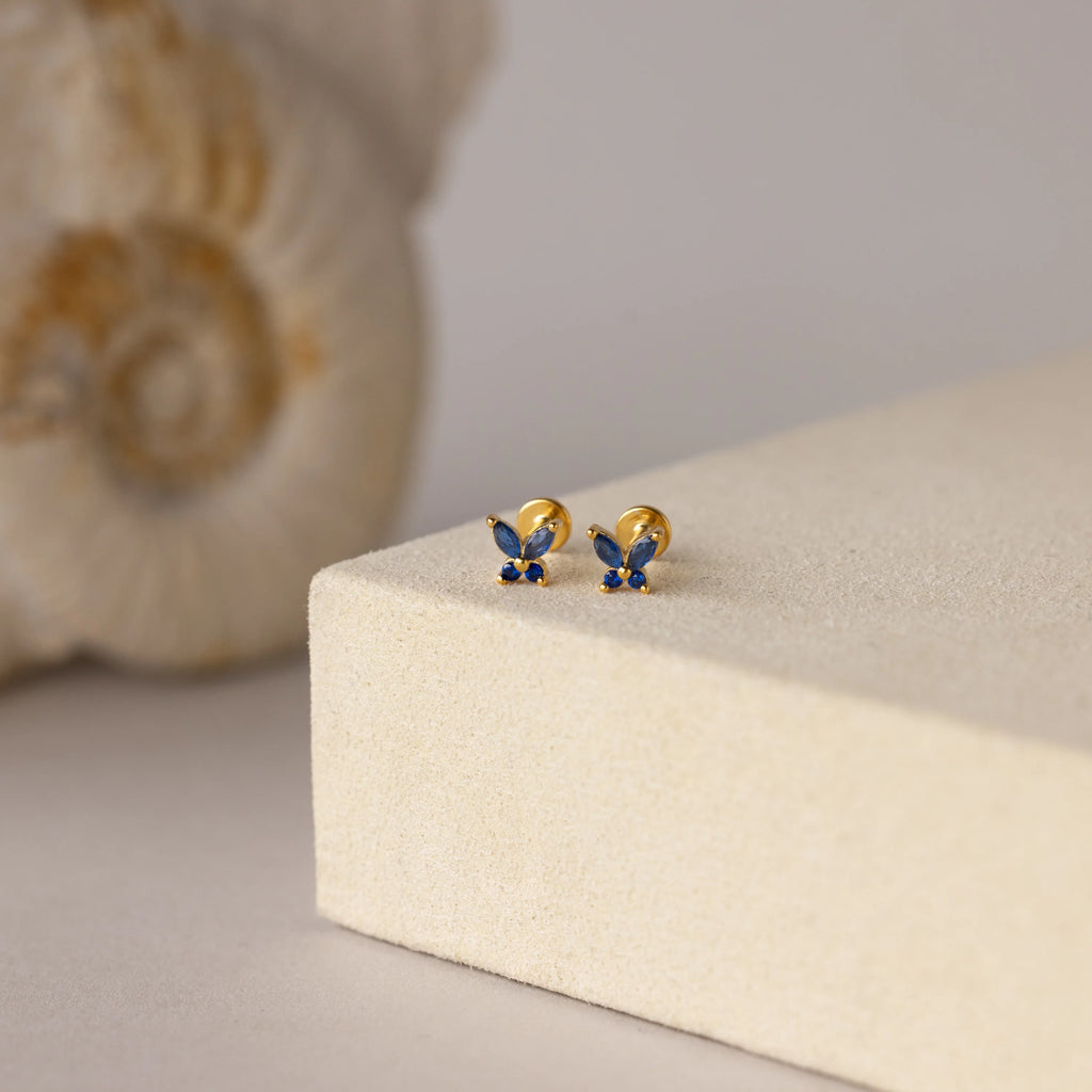 Sapphire Butterfly Flatback Studs Silver 18K Gold Plated