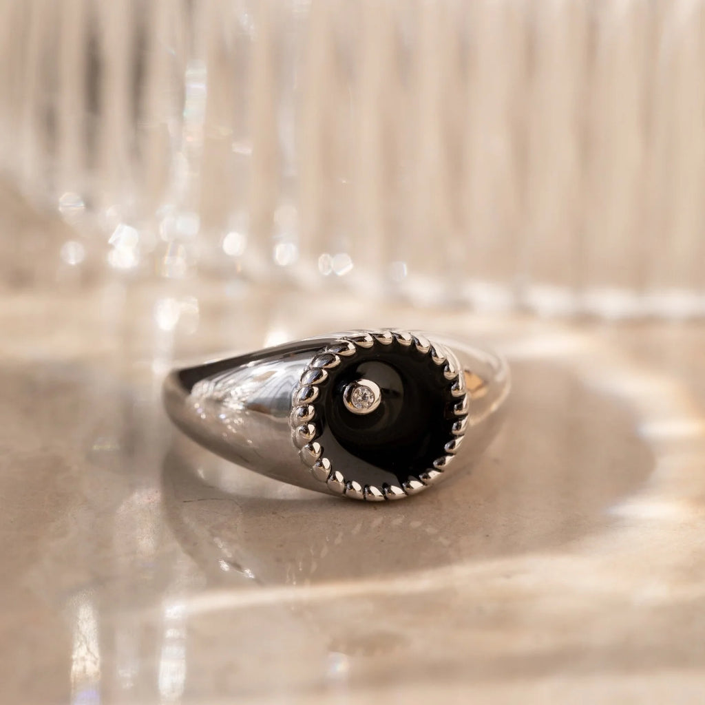 Black Enamel Signet Ring Silver 18K Gold Plated