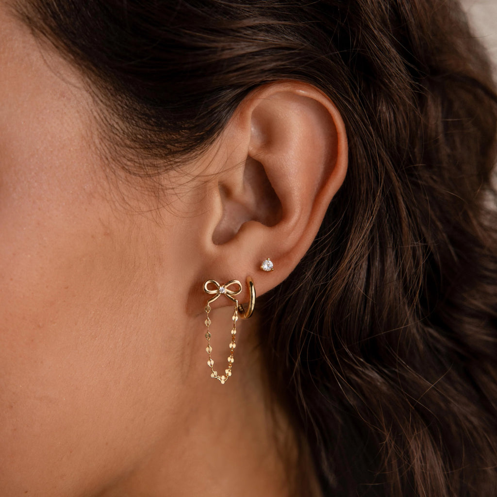 Diamond Bow Chain Studs Silver 18K Gold Plated