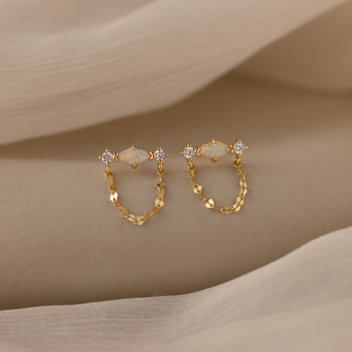 Opal & Diamond Chain Studs Silver 18K Gold Plated