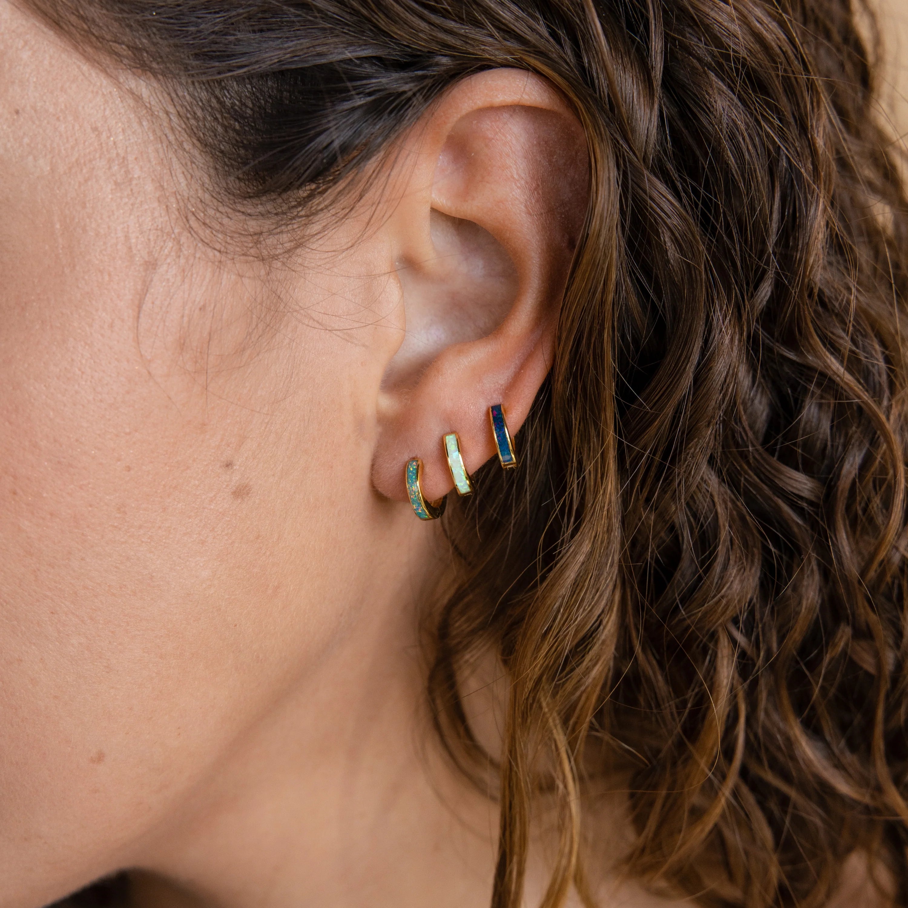 Opal Inlay Huggies Set Silver 18K Gold Plated