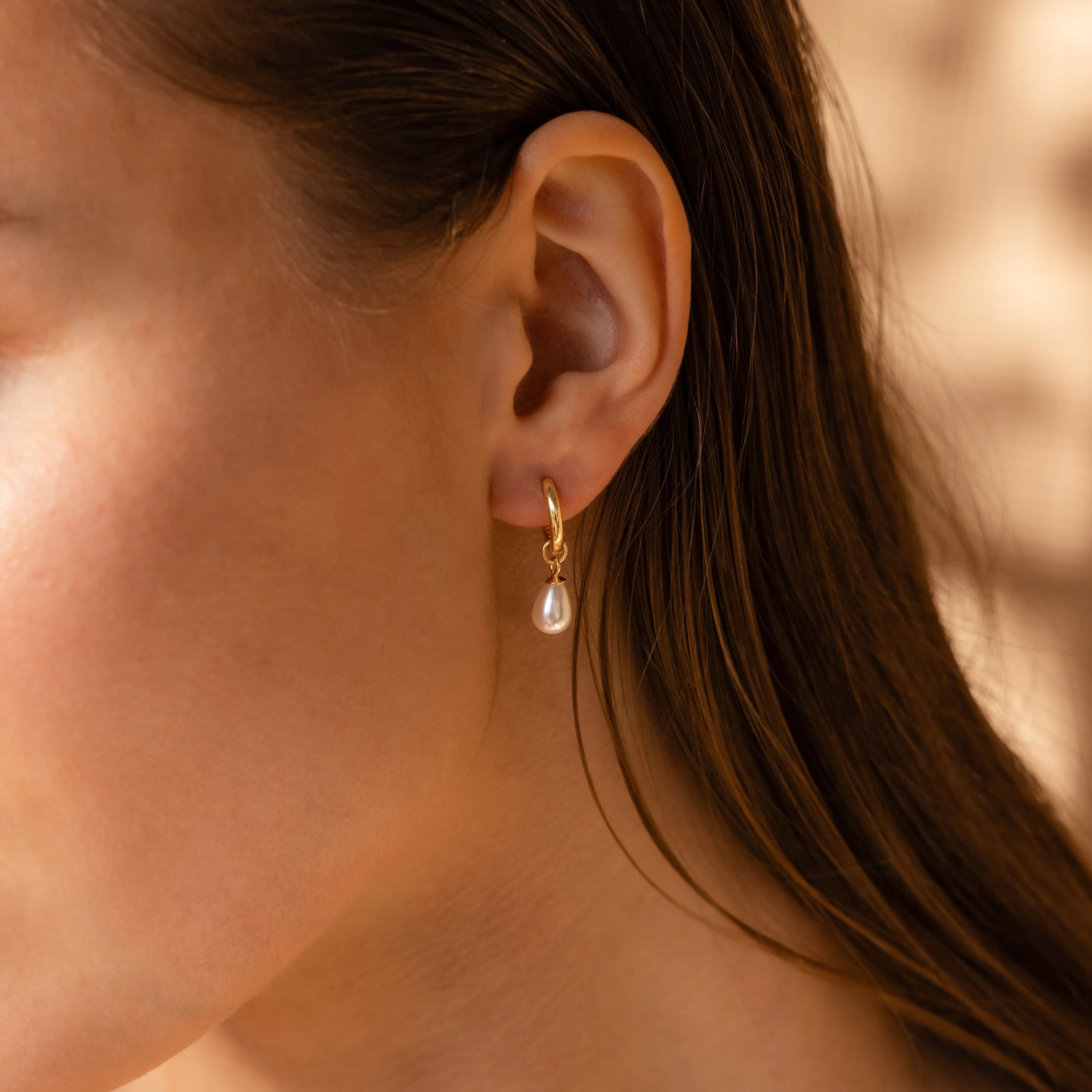 Dainty Pearl Drop Huggies in 18K Gold