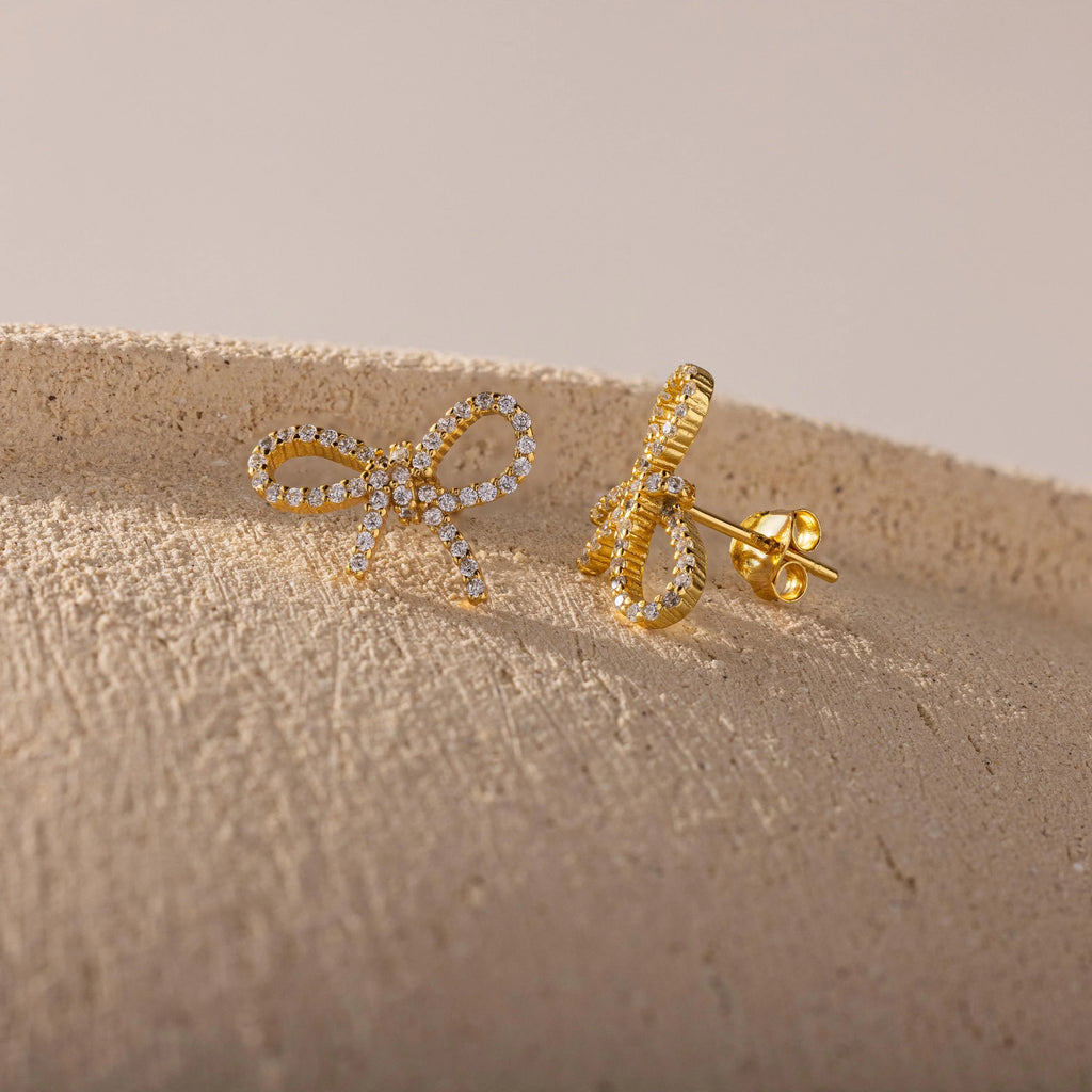 Pave Bow Studs Silver 18K Gold Plated