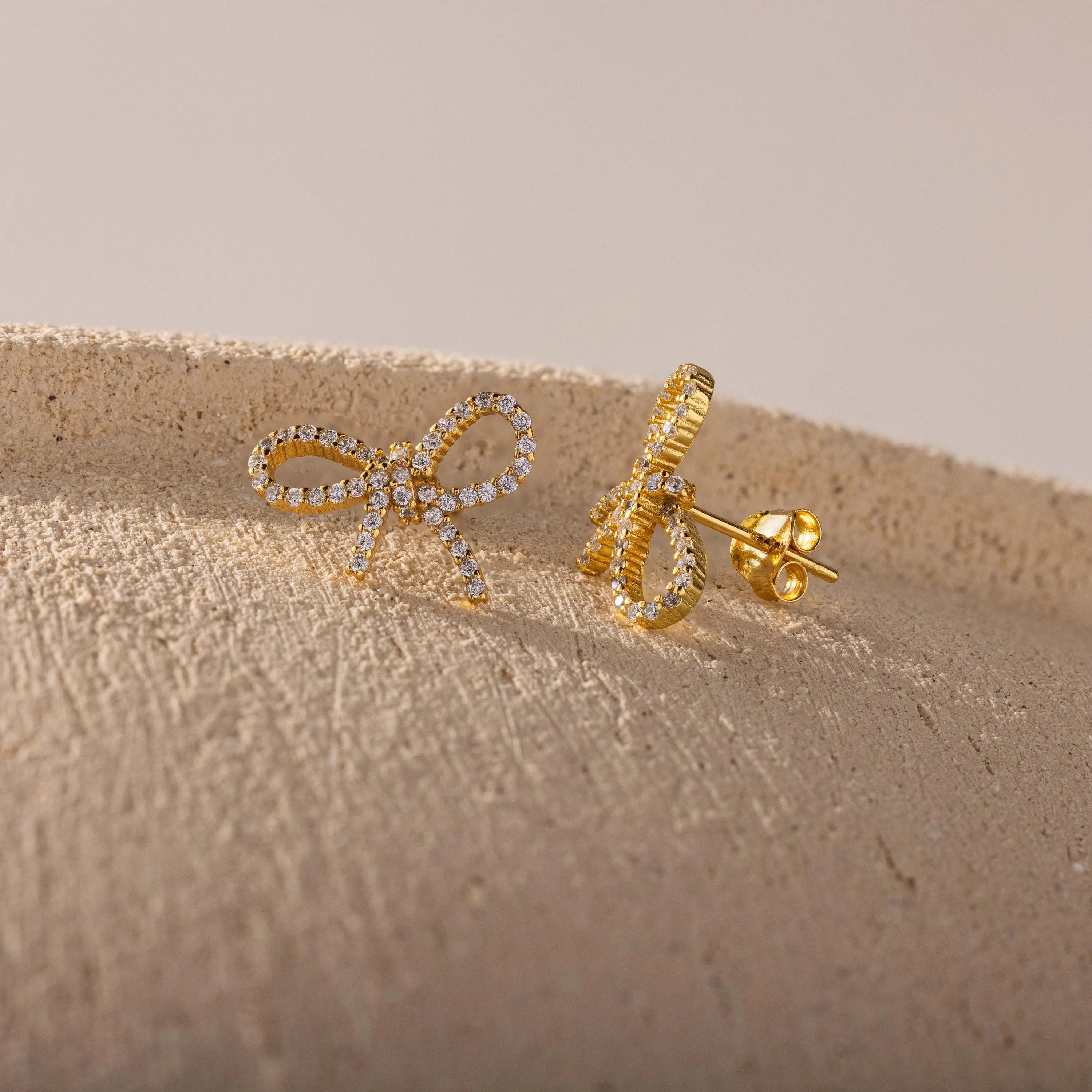 Pave Bow Studs Silver 18K Gold Plated