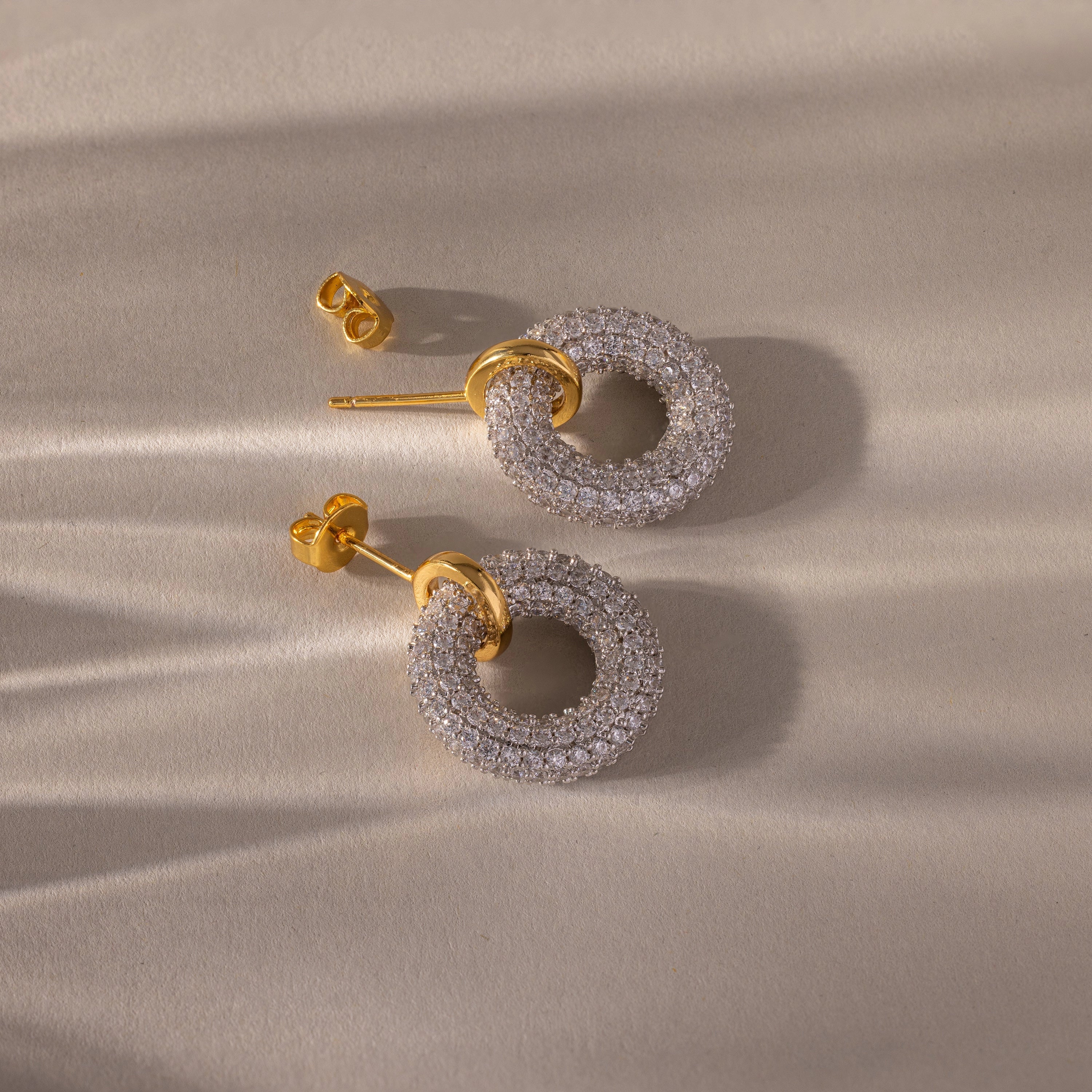 Mixed Metal Pave Circle Studs Silver 18K Gold Plated