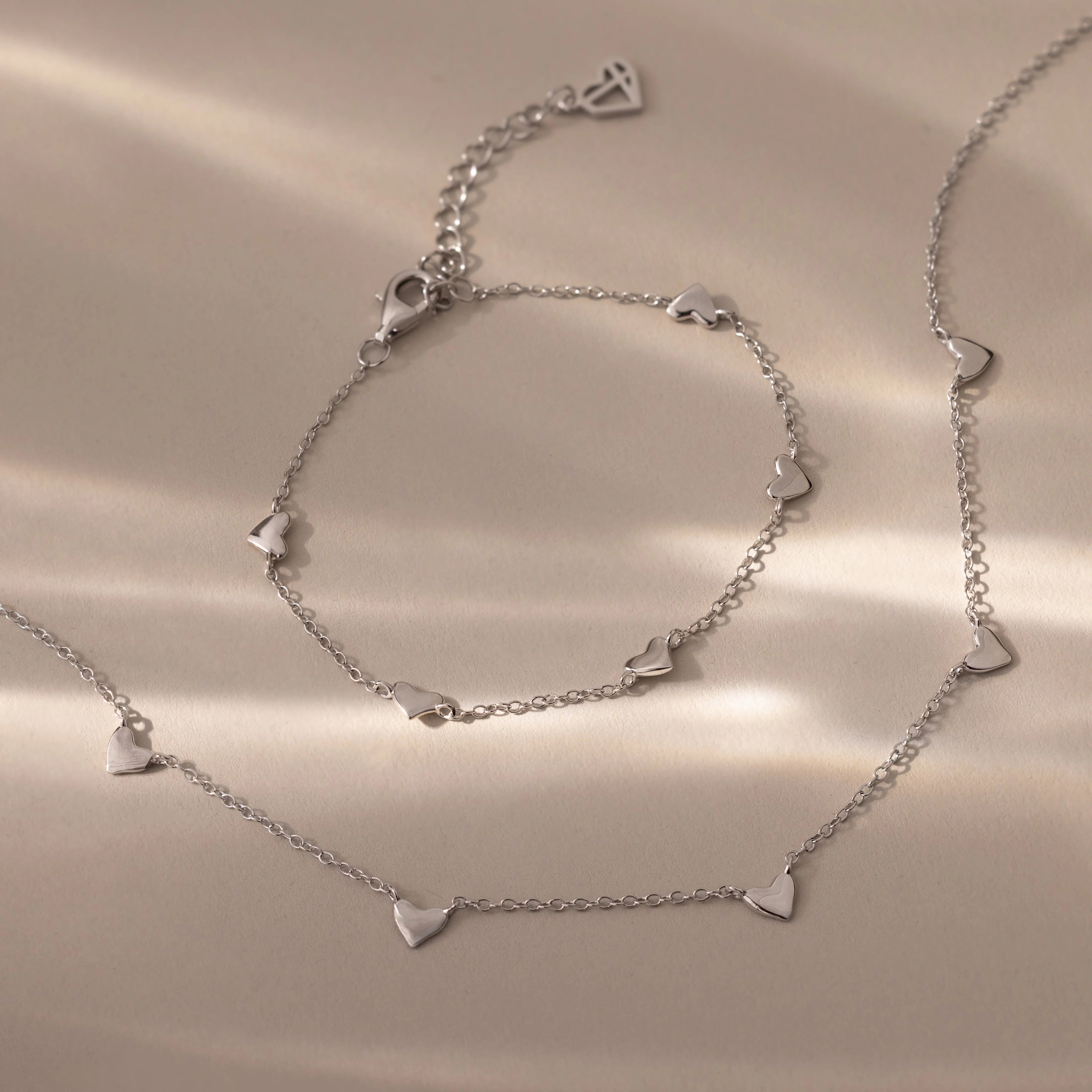 Heart Station Necklace & Bracelet Set Silver 18K Gold Plated
