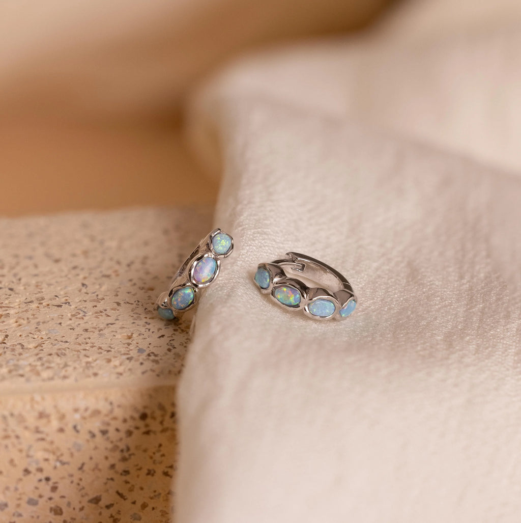 Blue Opal Beaded Huggies Silver 18K Gold Plated
