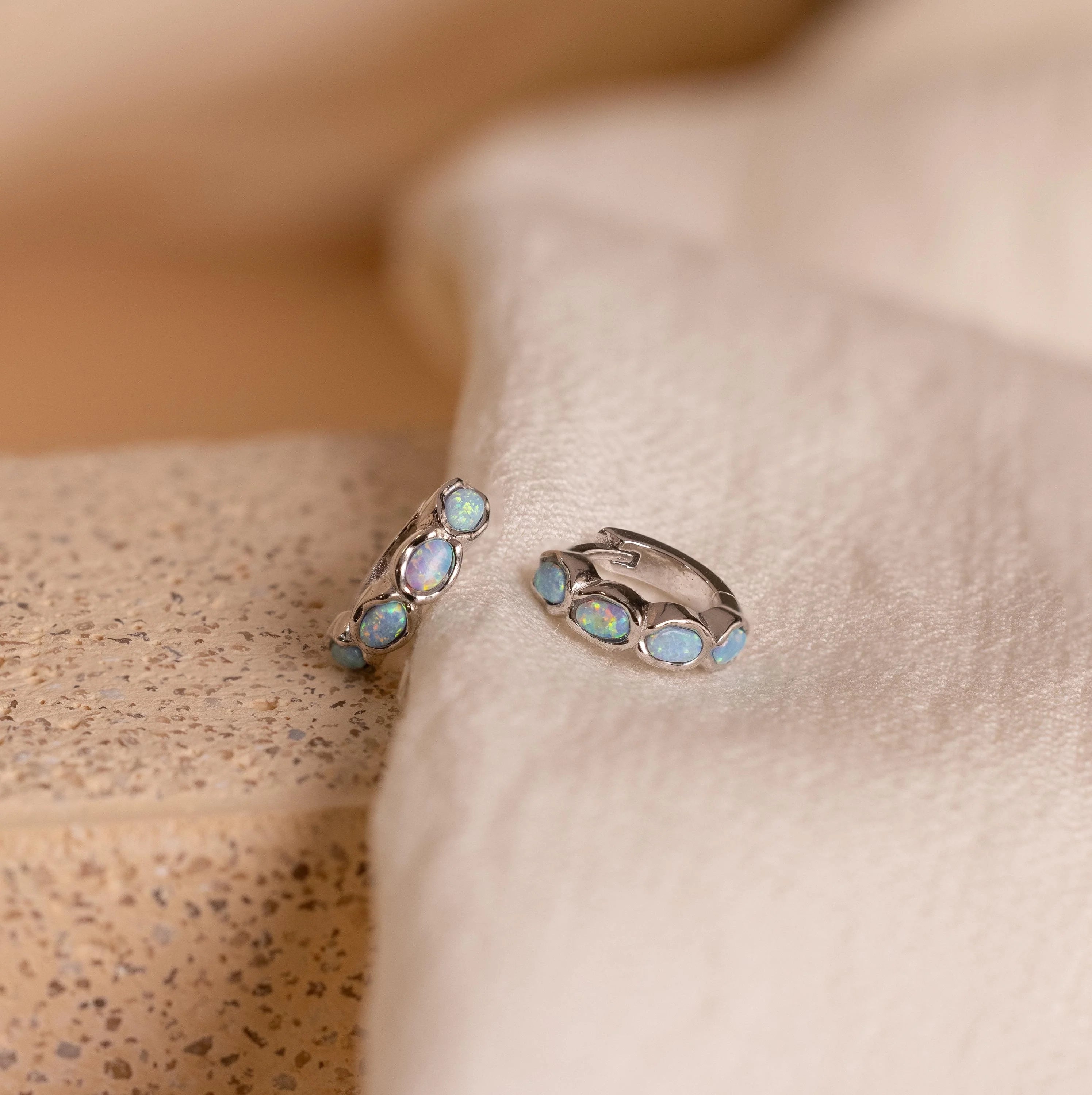 Blue Opal Beaded Huggies Silver 18K Gold Plated