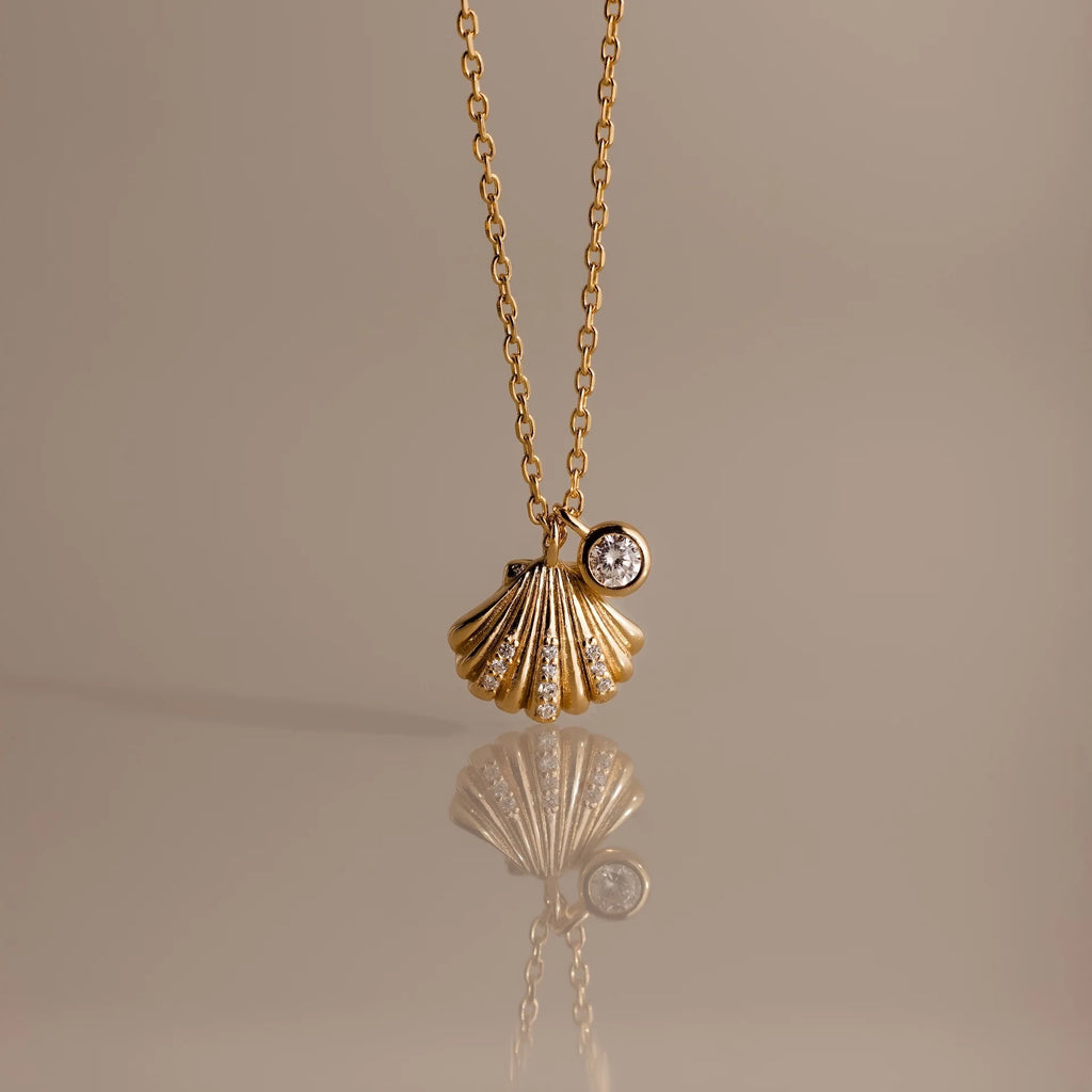 Diamond Seashell Charm Necklace Silver 18K Gold Plated