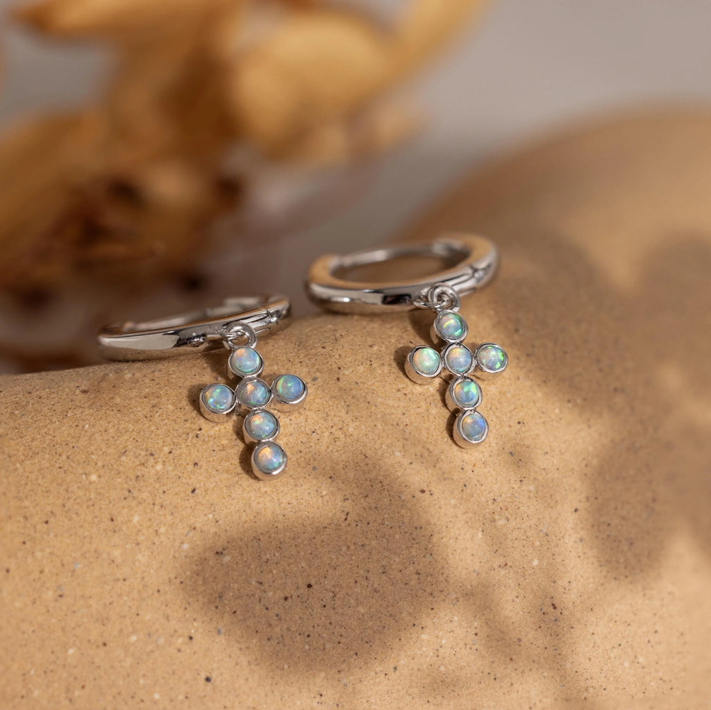 Opal Cross Huggies Silver 18K Gold Plated