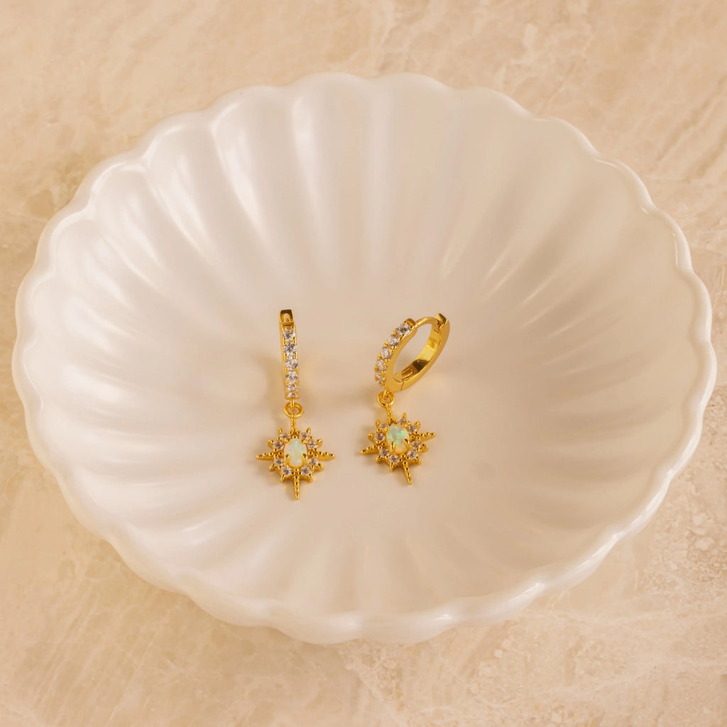 Pave Diamond Opal Star Huggies Silver 18K Gold Plated