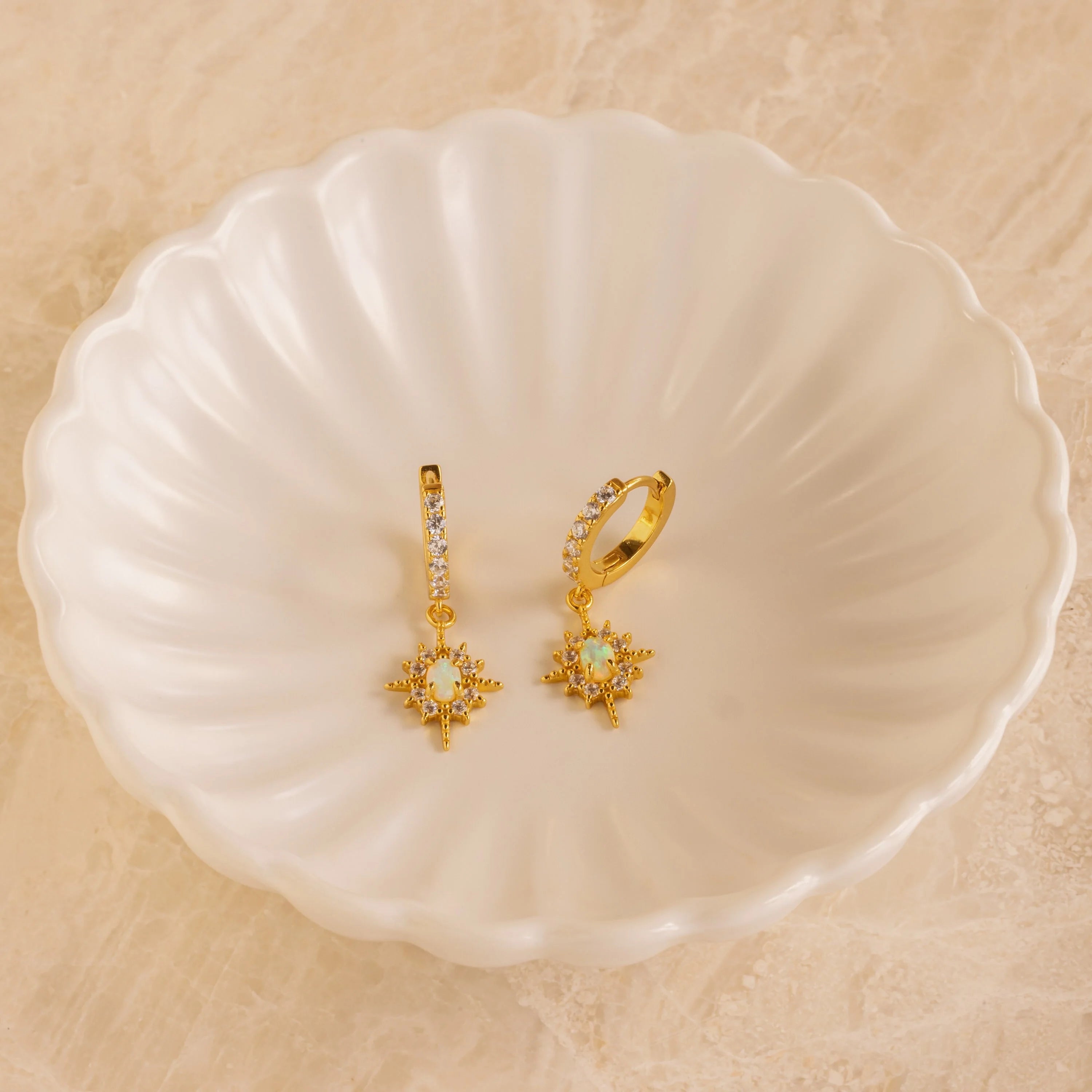 Pave Diamond Opal Star Huggies Silver 18K Gold Plated
