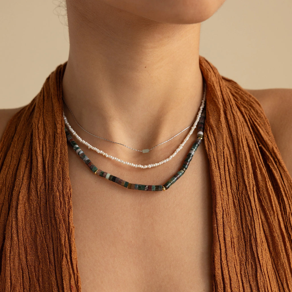 Moss Agate Beaded Necklace Silver 18K Gold Plated