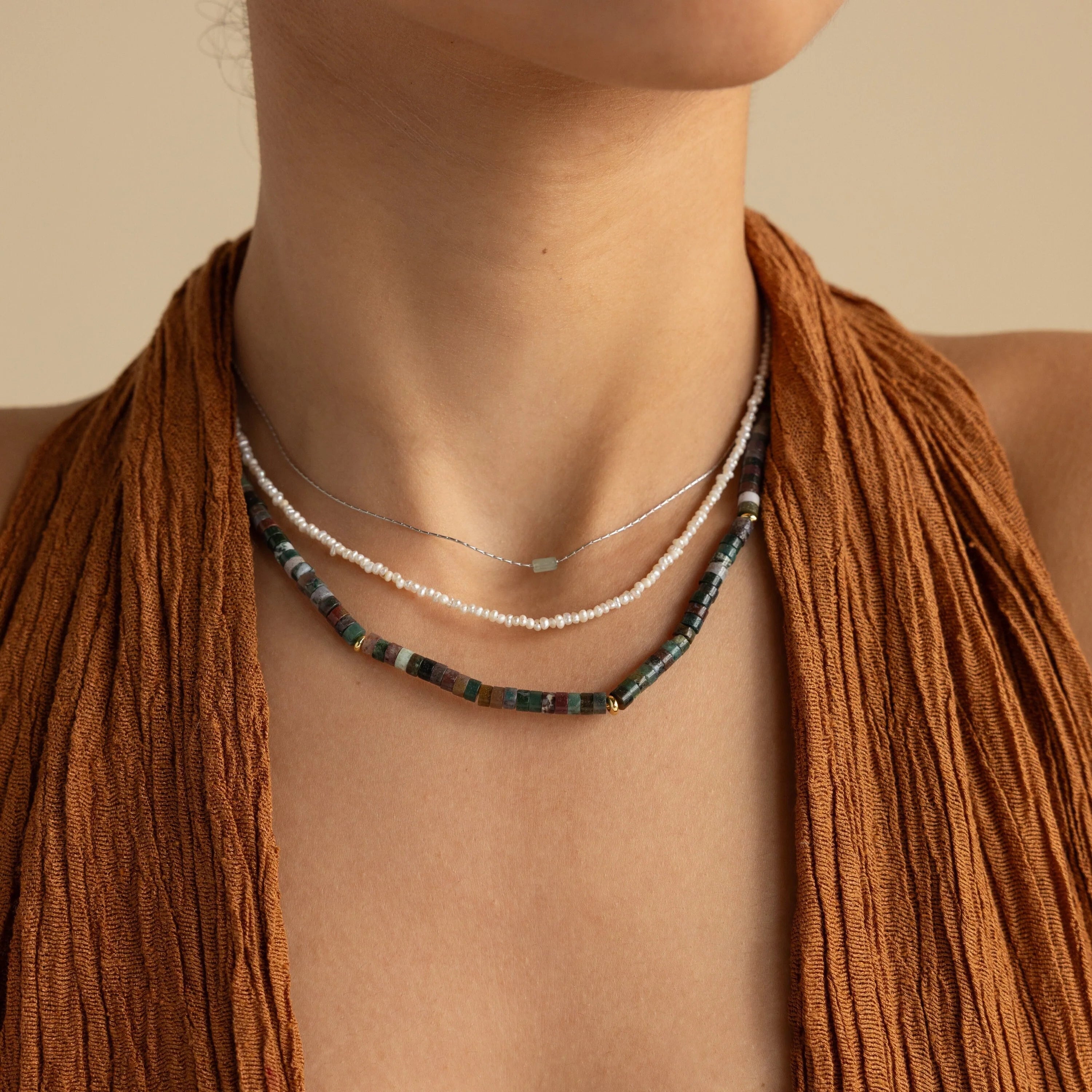 Moss Agate Beaded Necklace Silver 18K Gold Plated