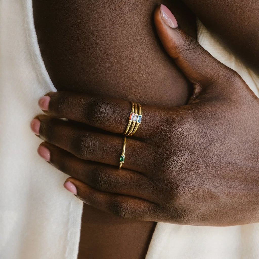 Baguette Birthstone Ring Silver 18K Gold Plated