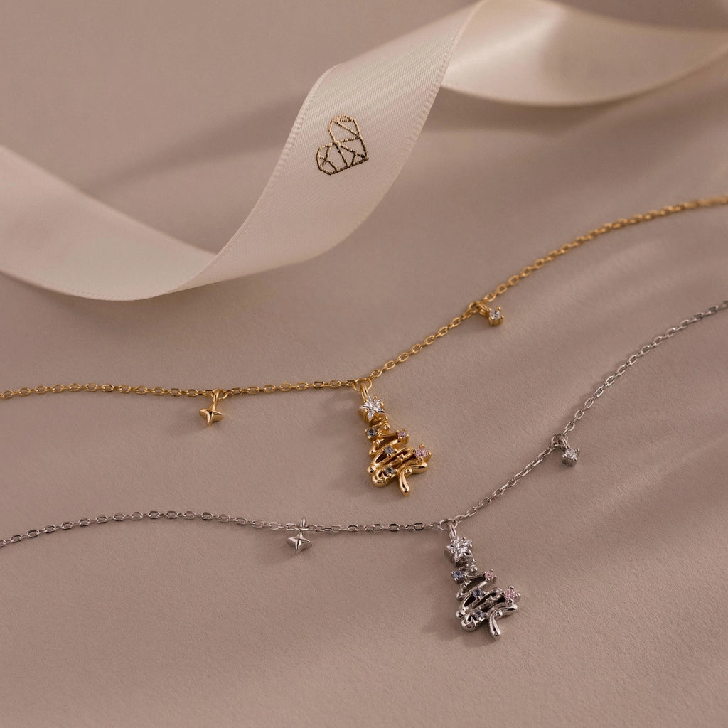 Holiday Diamond Tree Necklace Silver 18K Gold Plated