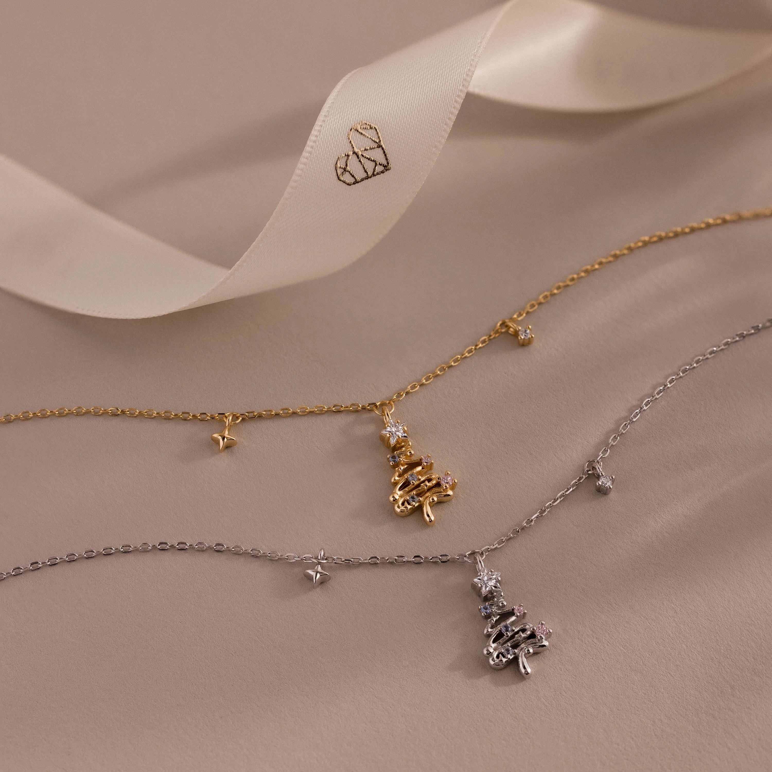 Holiday Diamond Tree Necklace Silver 18K Gold Plated