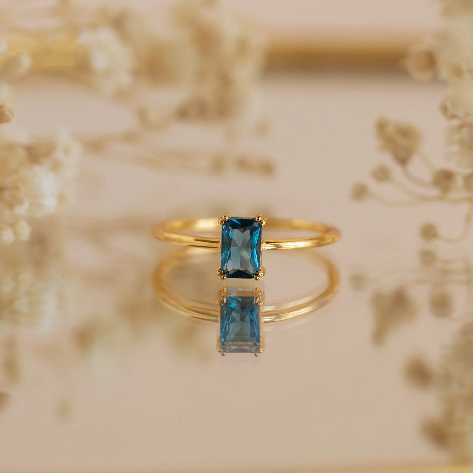 Blue Topaz Emerald Ring Silver 18K Gold Plated