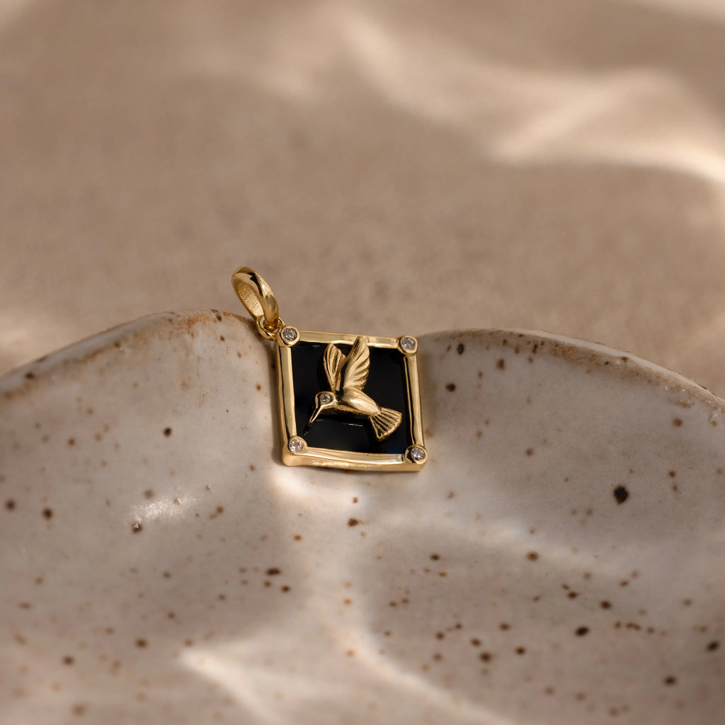 Diamond Onyx Hummingbird Charm Silver 18K Gold Plated