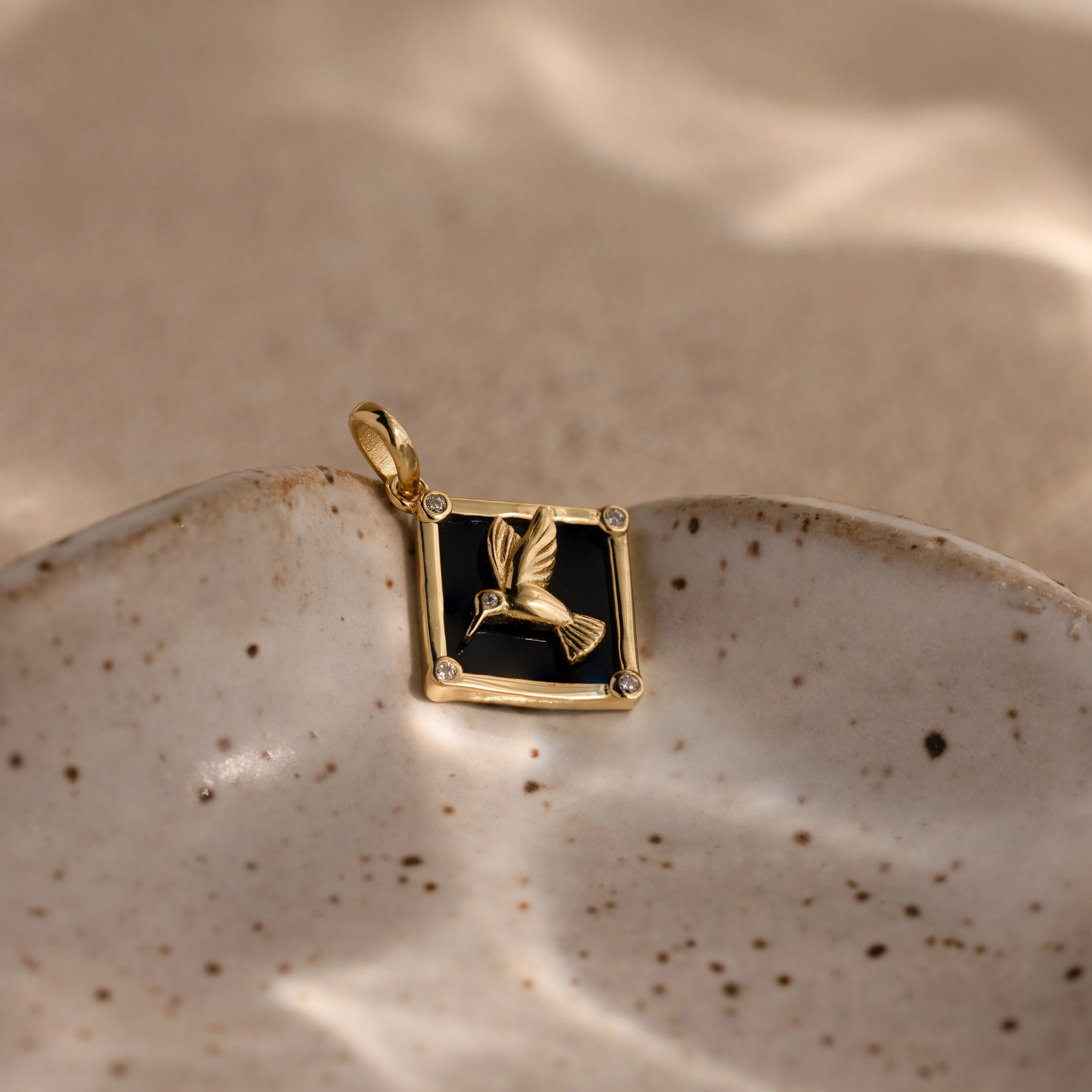 Diamond Onyx Hummingbird Charm Silver 18K Gold Plated