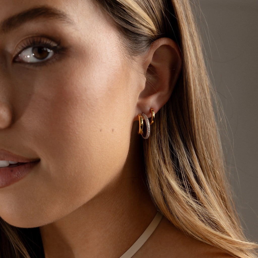 Diamond Mixed Metal Duo Pave Hoops Silver 18K Gold Plated