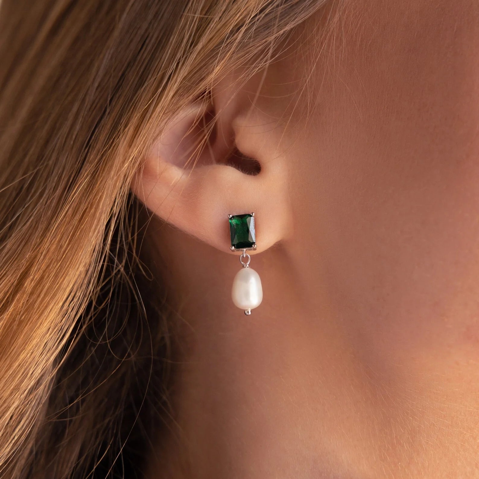 Emerald Pearl Drop Earrings Silver 18K Gold Plated