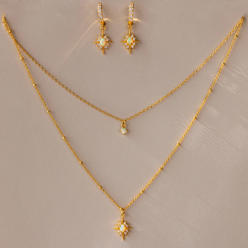 Opal Star Charm Necklace & Earrings Set Silver 18K Gold Plated
