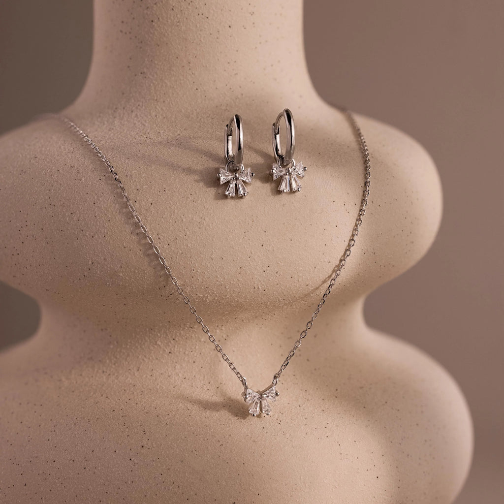 Diamond Bow Necklace & Earrings Set Silver 18K Gold Plated