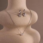 Diamond Bow Necklace & Earrings Set Silver 18K Gold Plated