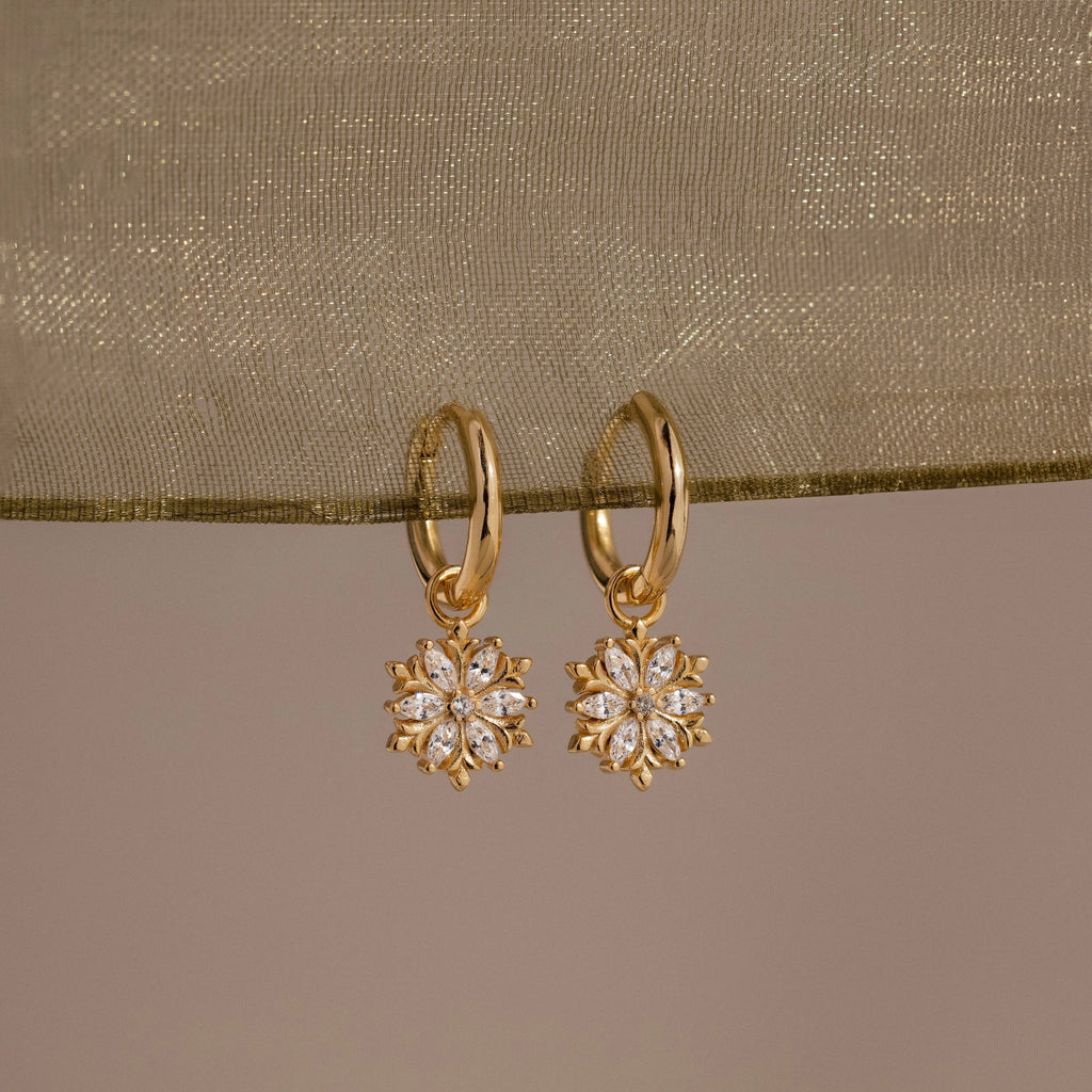 Diamond Poinsettia Charm Hoops Silver 18K Gold Plated