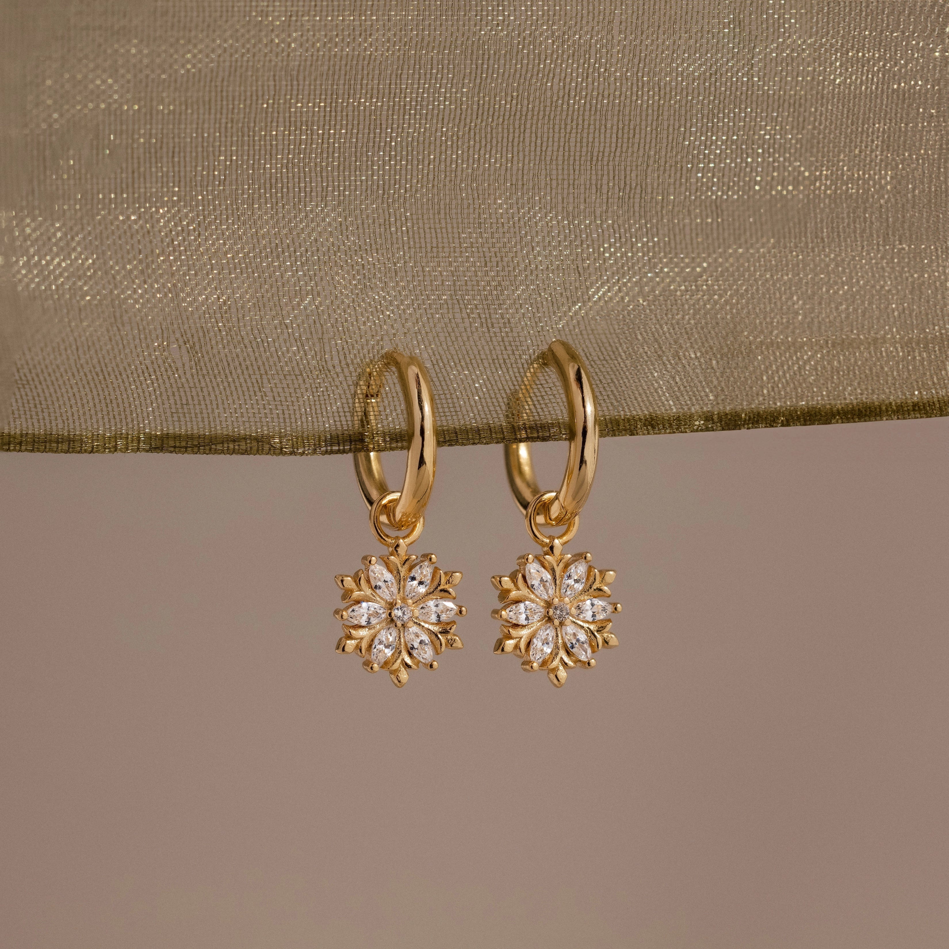 Diamond Poinsettia Charm Hoops Silver 18K Gold Plated