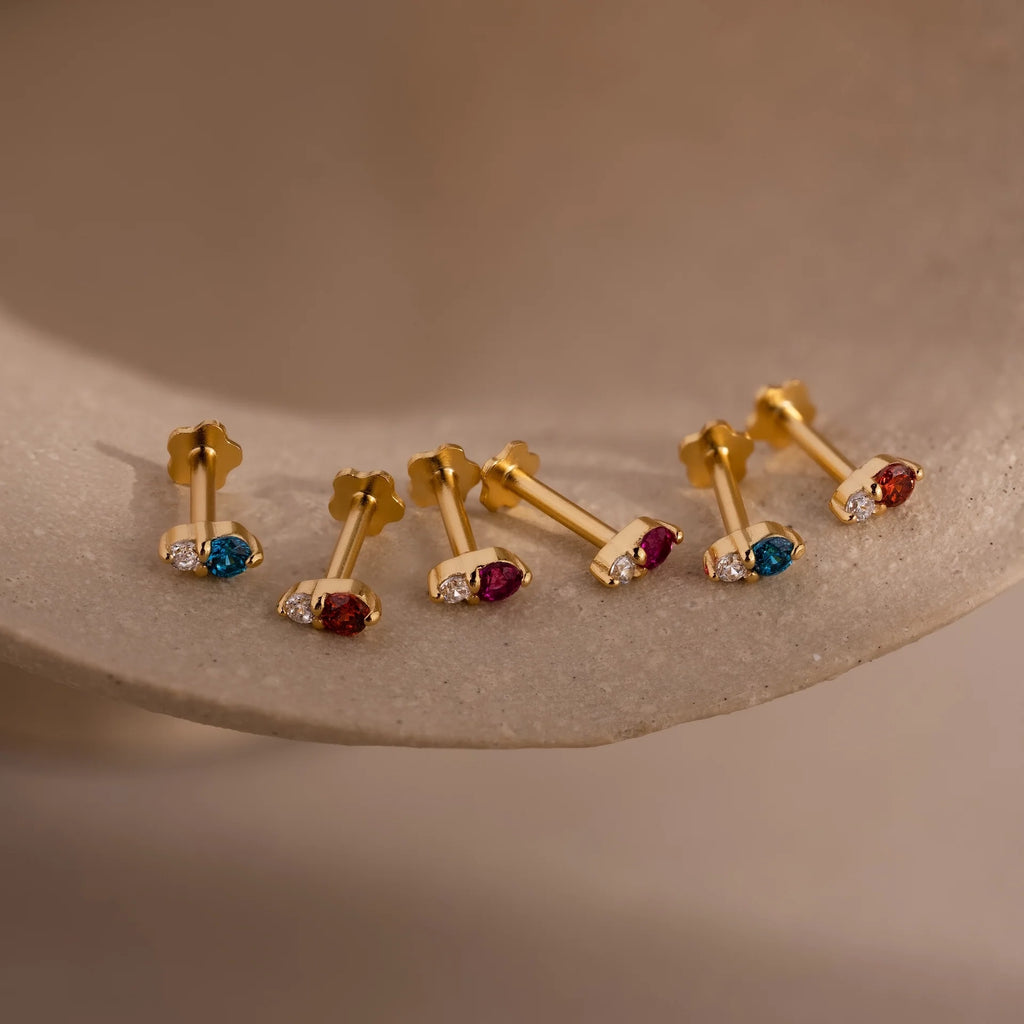 Diamond Birthstone Duo Flatback Studs Silver 18K Gold Plated