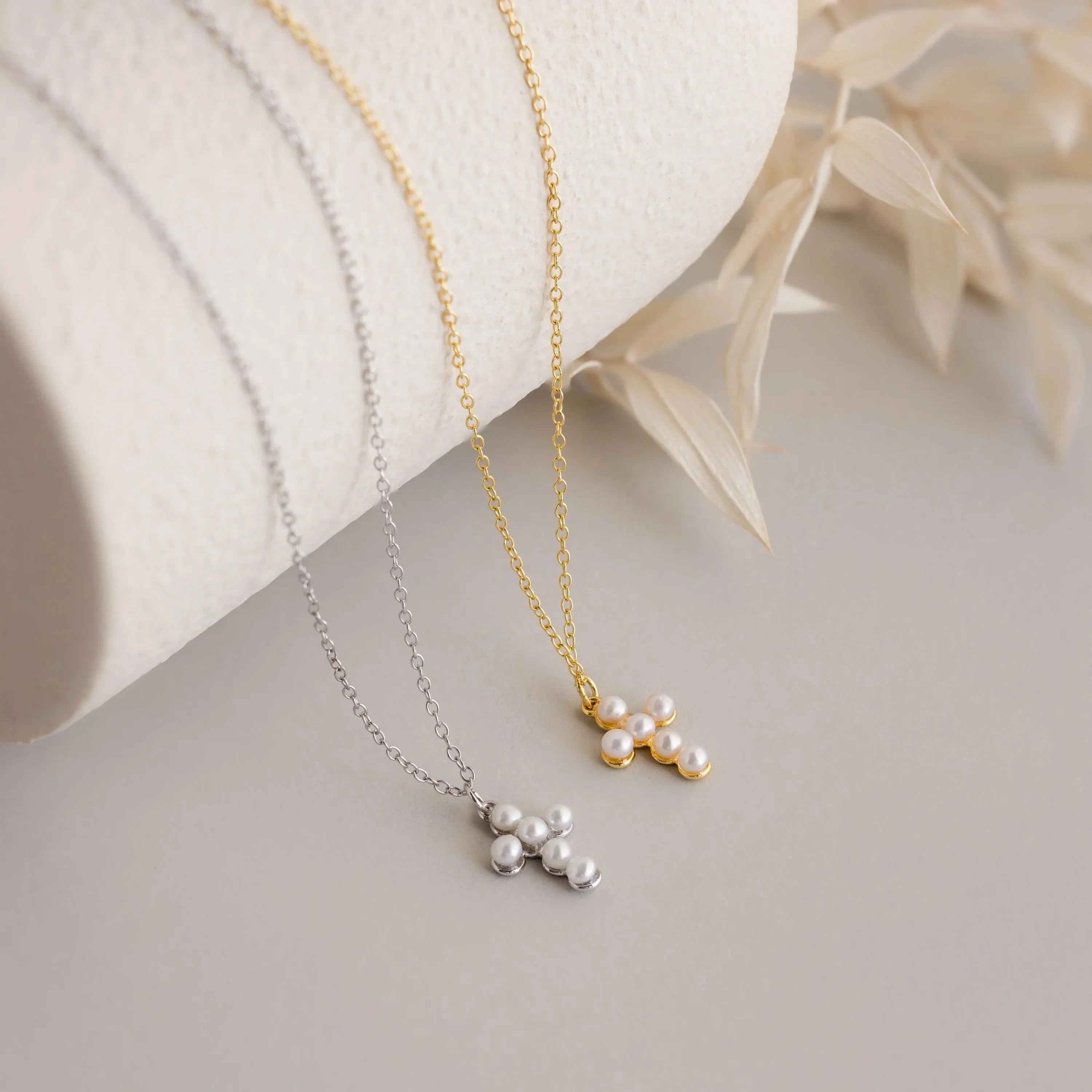 Pearl Cross Necklace Silver 18K Gold Plated