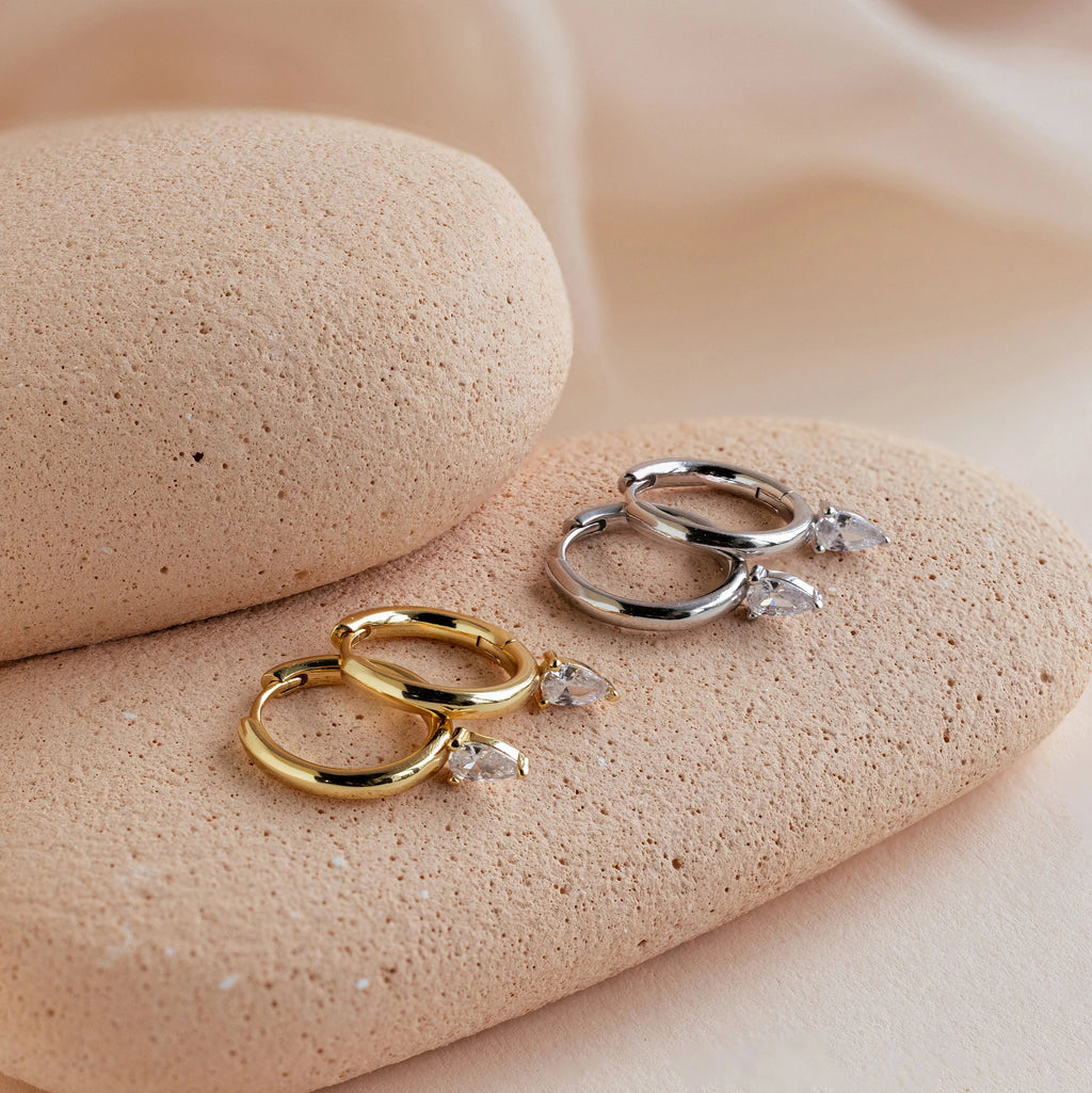 Pear Diamond Drop Hoops Silver 18K Gold Plated