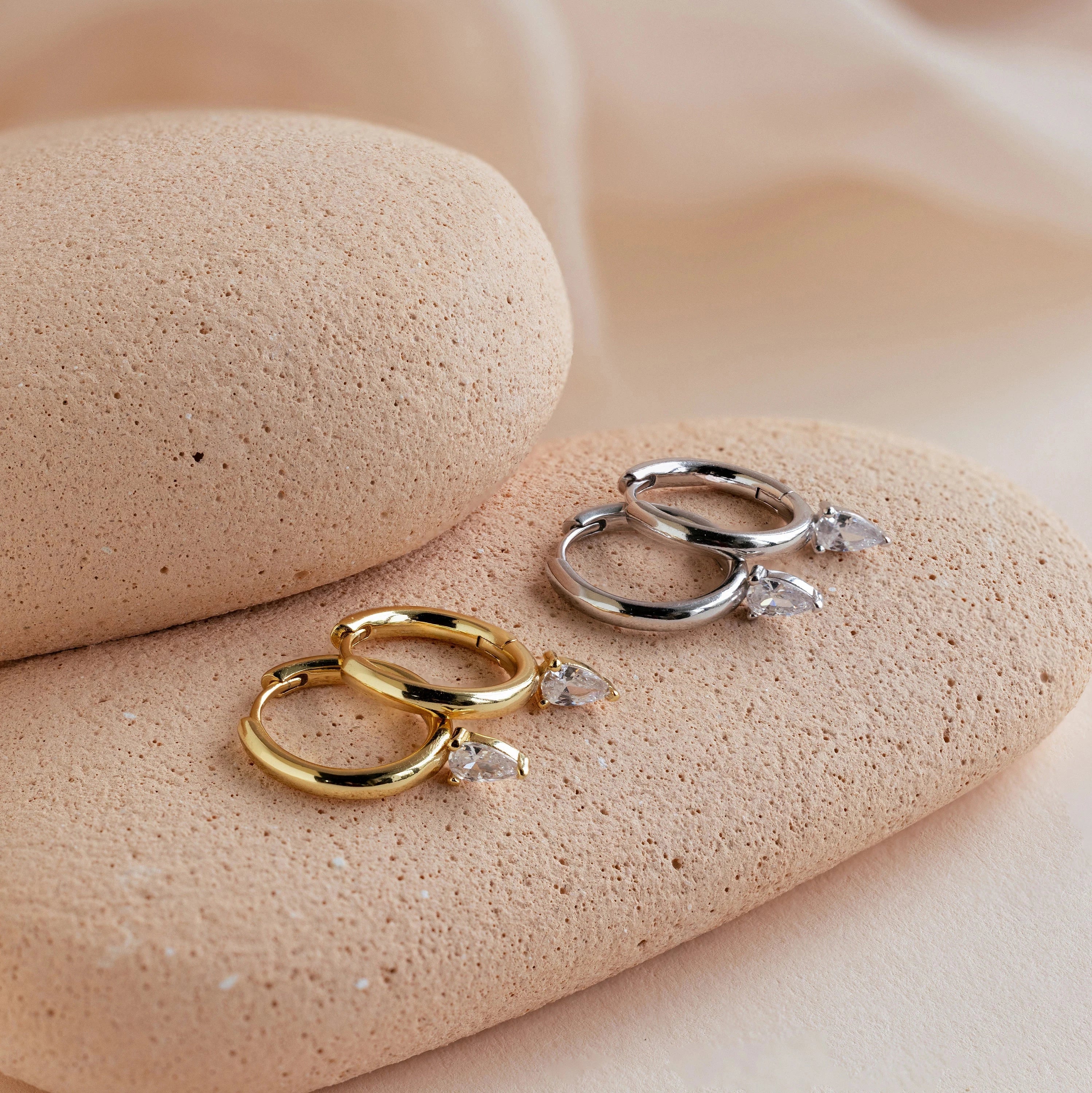 Pear Diamond Drop Hoops Silver 18K Gold Plated
