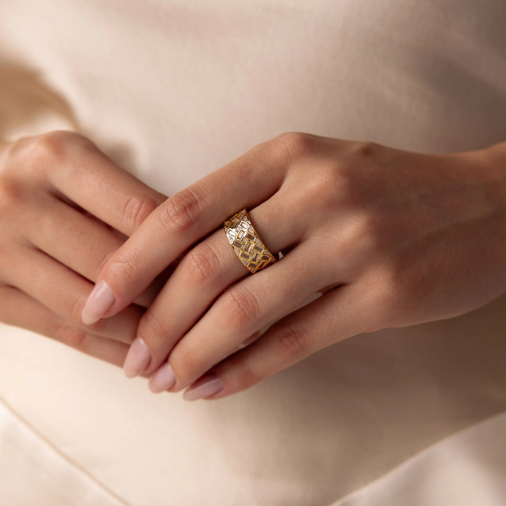 Round & Baguette Diamond Ring Silver 18K Gold Plated