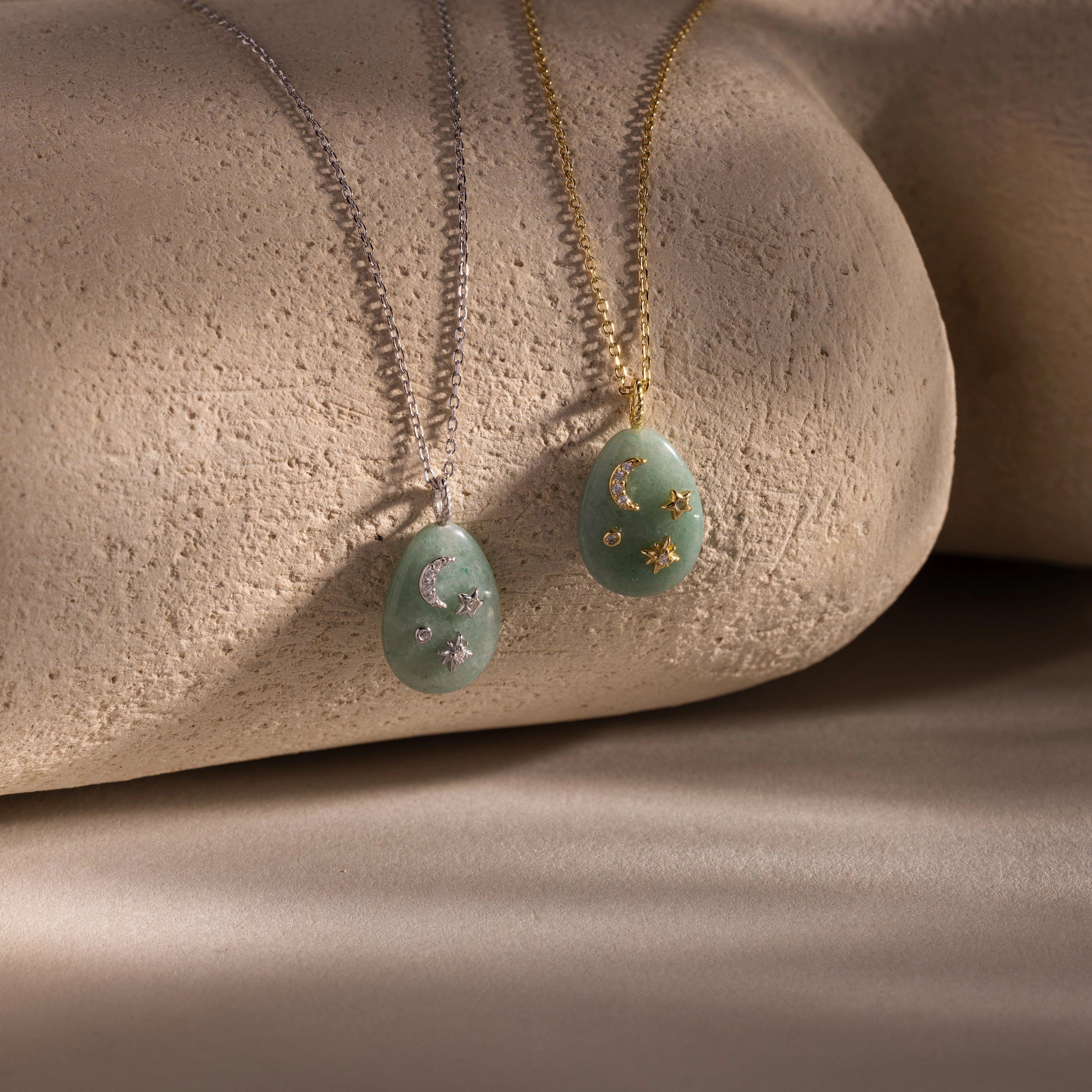 Diamonds Celestial Aventurine Pendant Necklace Silver 18K Gold Plated