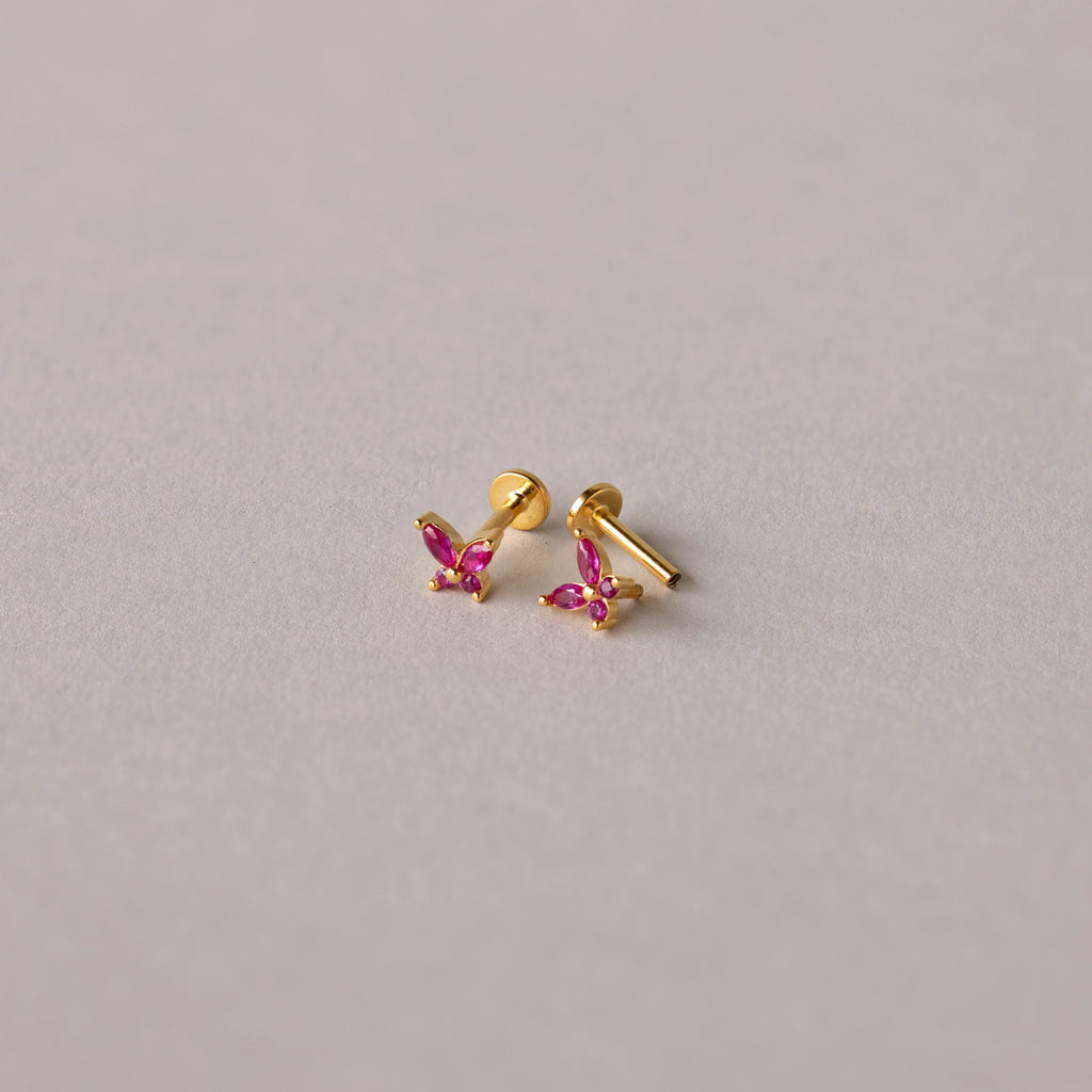 Ruby Butterfly Flatback Studs Silver 18K Gold Plated