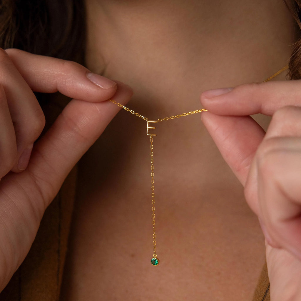 Initial Birthstone Lariat Necklace Silver 18K Gold Plated