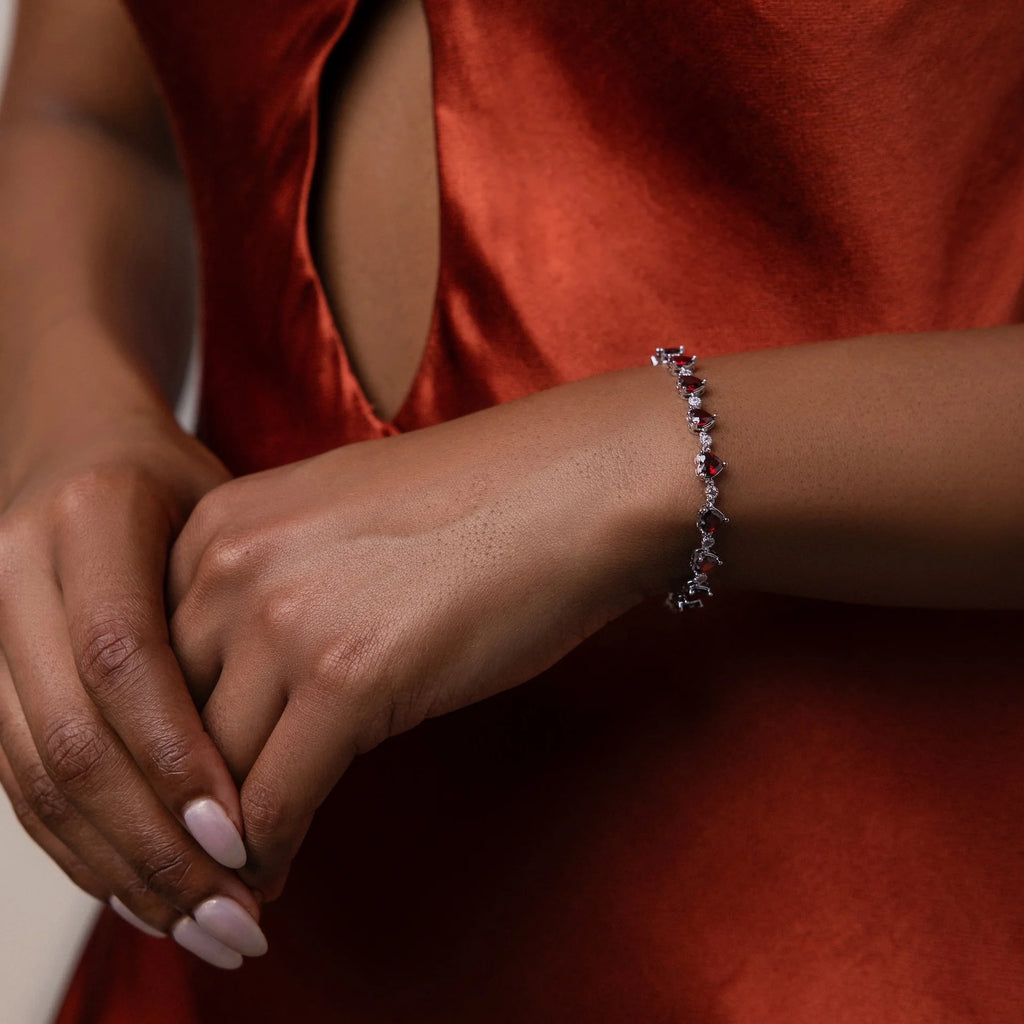 Diamond Garnet Heart Tennis Bracelet Silver 18K Gold Plated